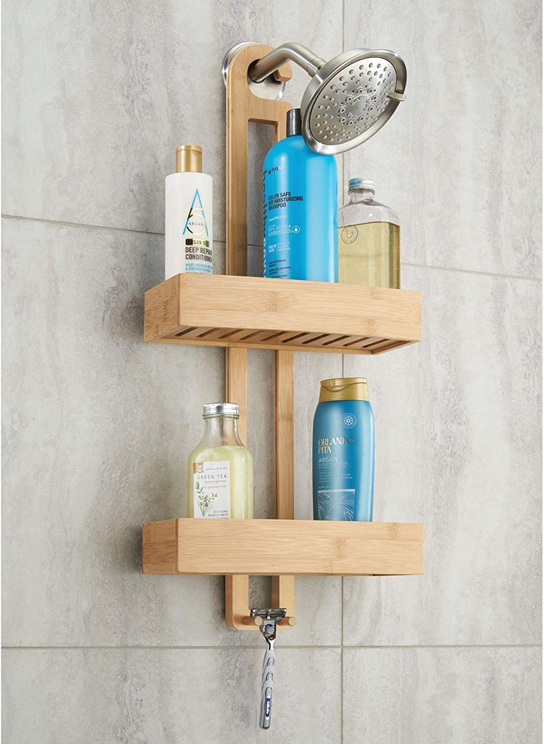 idesign formbu bamboo hanging shower caddy for shampoo, conditioner, and soap with hooks for razors, towels, loofahs, and more, 11.05" x 5.32" x 26.68", natural beige