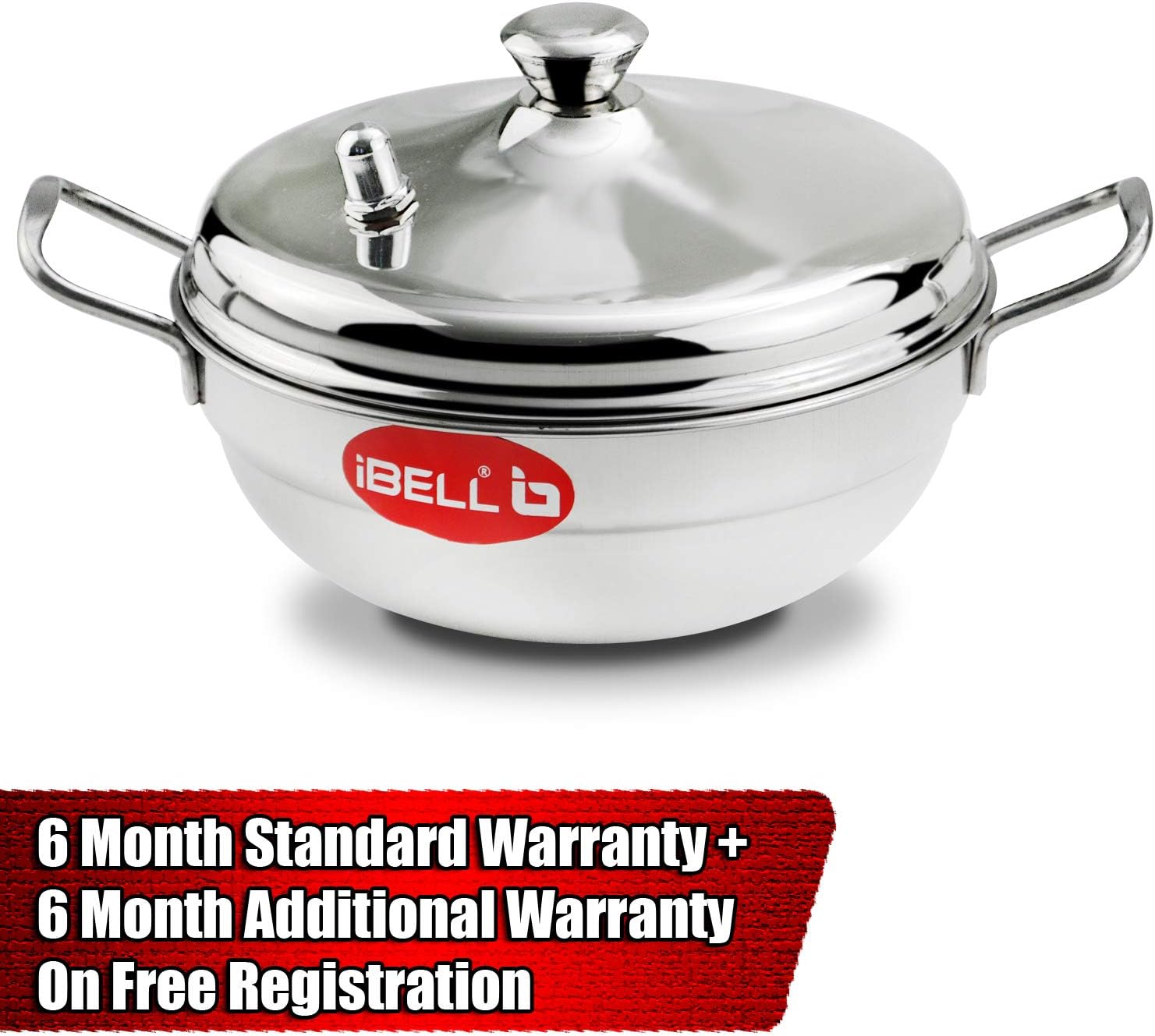 ibell stainless steel multi purpose kadai with 2 idli plate (8 idlis) and steel lid, silver