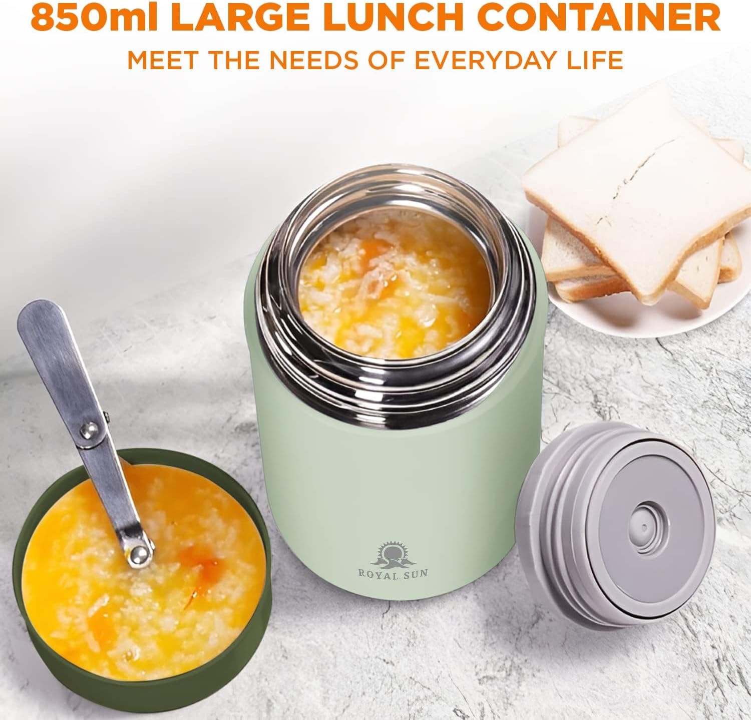 royal sun insulated food jar with handle, large capacity stew beaker, thermos for hot food, stainless steel vacuum lunch box with folding spoon, for school office picnic (green)
