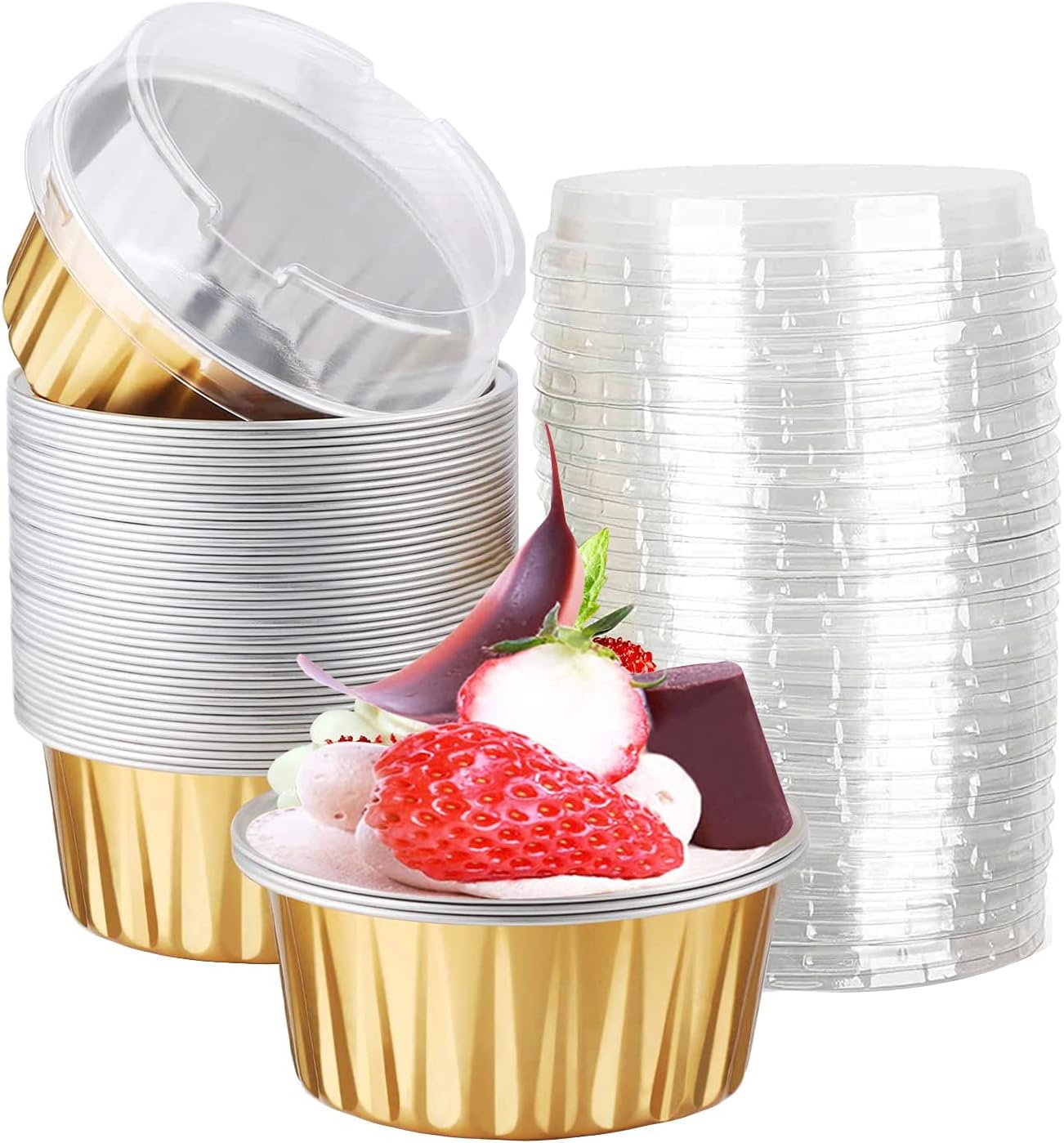 funito aluminum cupcake pans with lids,50pcs 130ml muffin liners cups, disposable foil ramekins, aluminum foil baking cups, cupcake baking cups, aluminum foil cupcake holders pans with lids