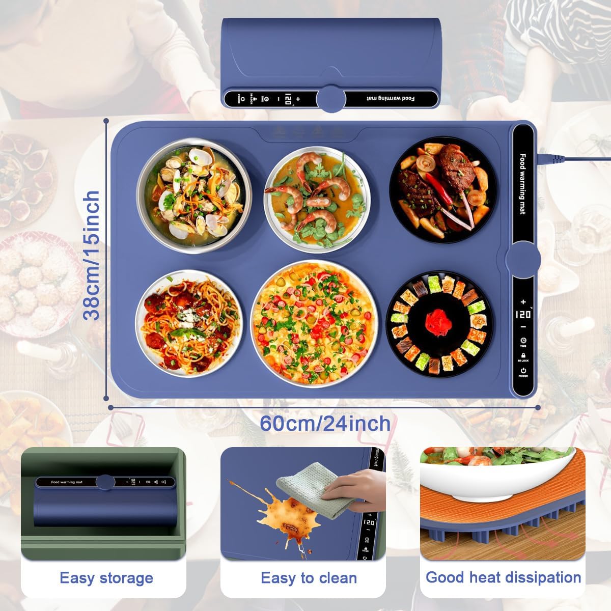 electric warming tray with adjustable temperature, silicone food warmer hot plate full surface heating, rollable fast heating tray food warming mat with 6 timer control for home parties buffet family