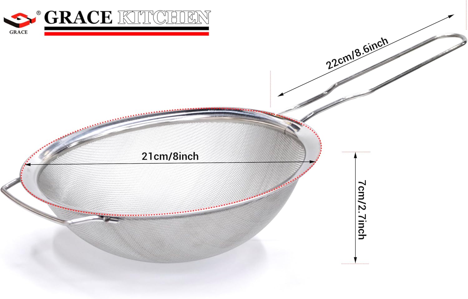 grace professional fine mesh strainer with stainless steel handle sieve fine mesh stainless steel ideal to sift flour, icing sugar, fruits and vegetables (21cm/8inch)