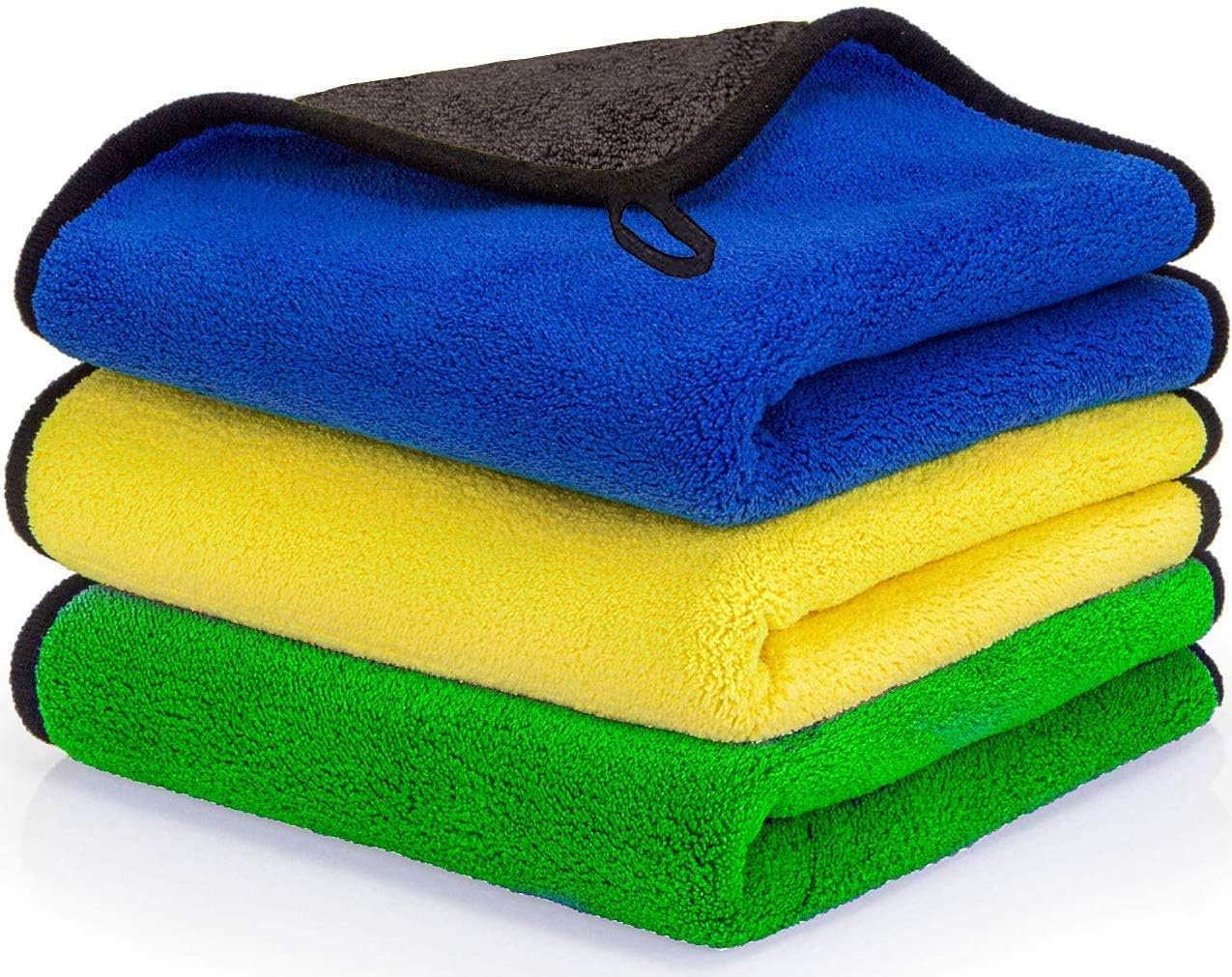 showay 3pcs microfiber car drying towel for car cleaning and detailing, double sided, extra thick plush microfiber towel lint super absorbent detailing towel for car | windows | screen and kitchen |