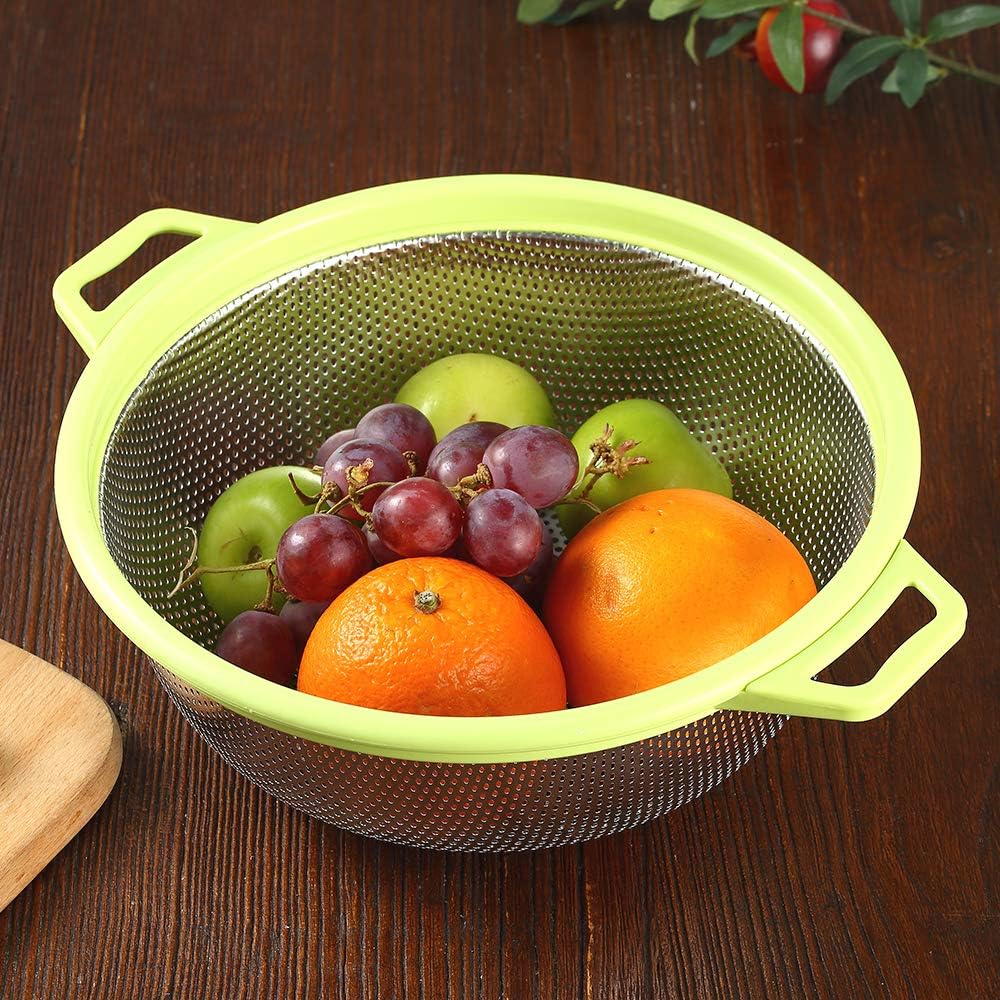 hiramware stainless steel colander with handle and legs, large metal green strainer for pasta, spaghetti, berry, veggies, fruits, noodles, salads, 5 quart 10.5” kitchen mesh colander, dishwasher safe
