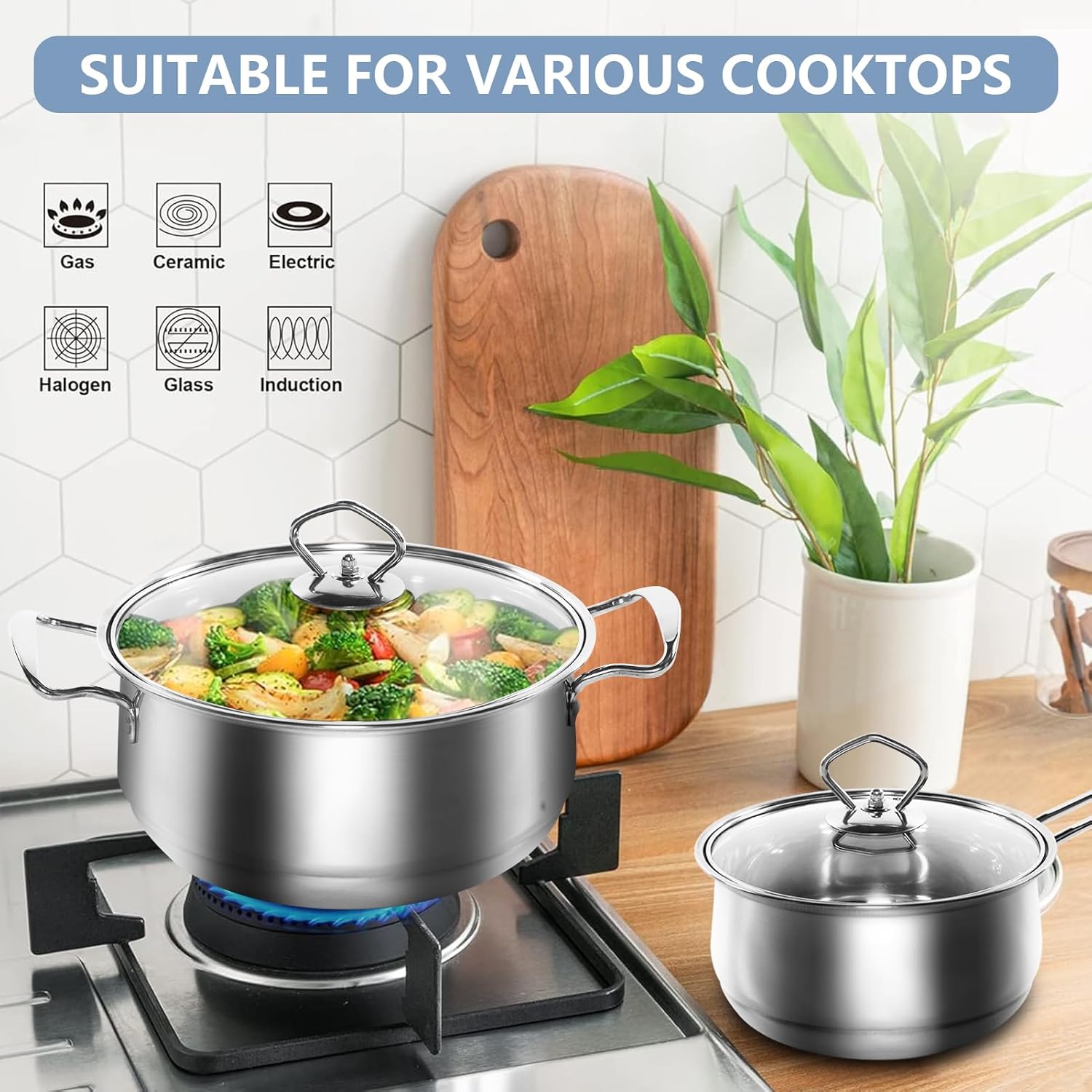 5 piece stainless steel cookware pots and pans set, nonstick cookware sets, induction cookware non stick cooking set w saucepans, food grade 304 stainless