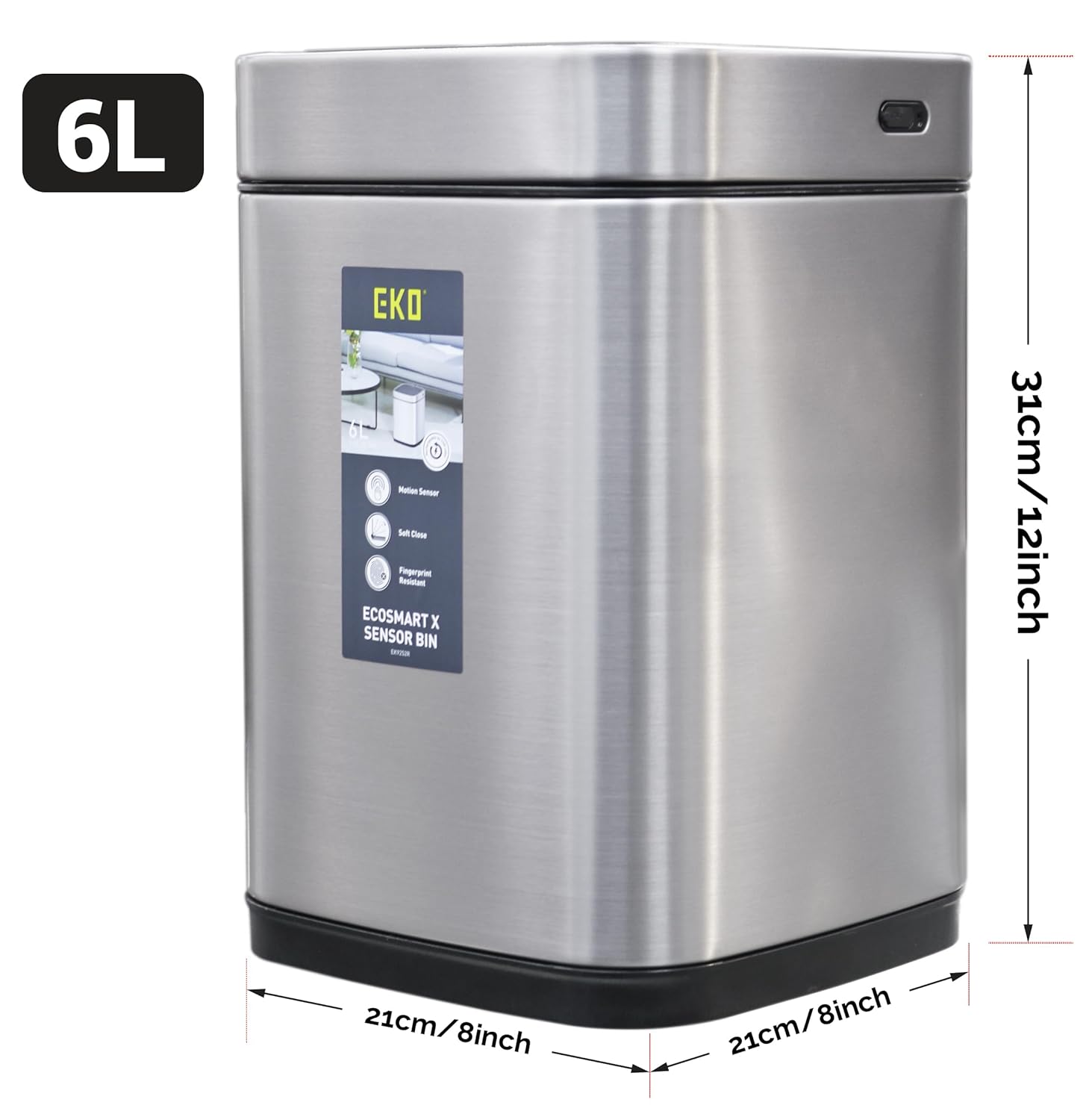 eko automatic sensor bin 6l/9l/15l kitchen trash can garbage can stainless steel touch free trash can with lid waste bin for kitchen bathroom bedroom office rechargeable kitchen bin (6l 1.9 gal)