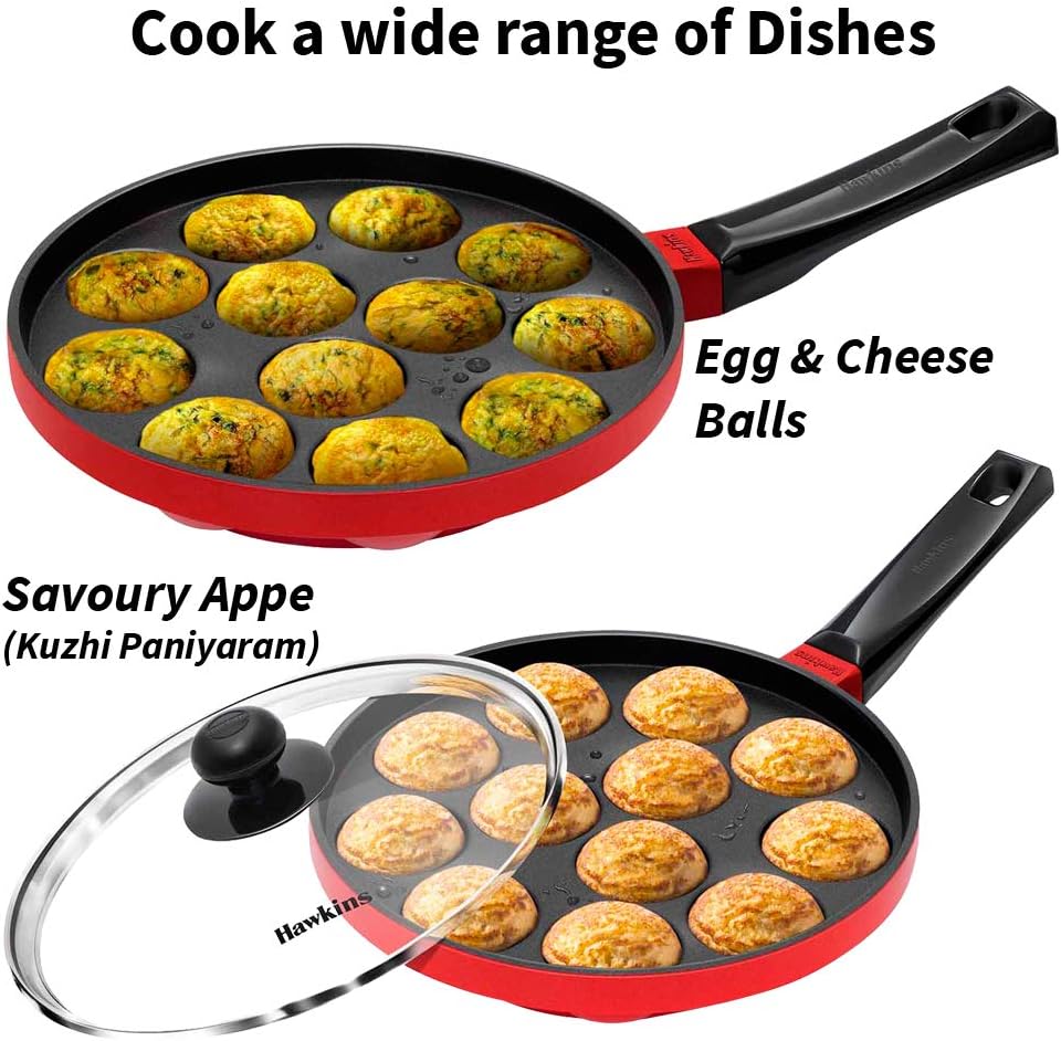hawkins 22 cm appe pan, non stick paniyaram pan with glass lid, 12 cups paniyarakkal ceramic pan, litti pan, kuzhi paniyaram pan, ponganalu pan, red (nape22g)