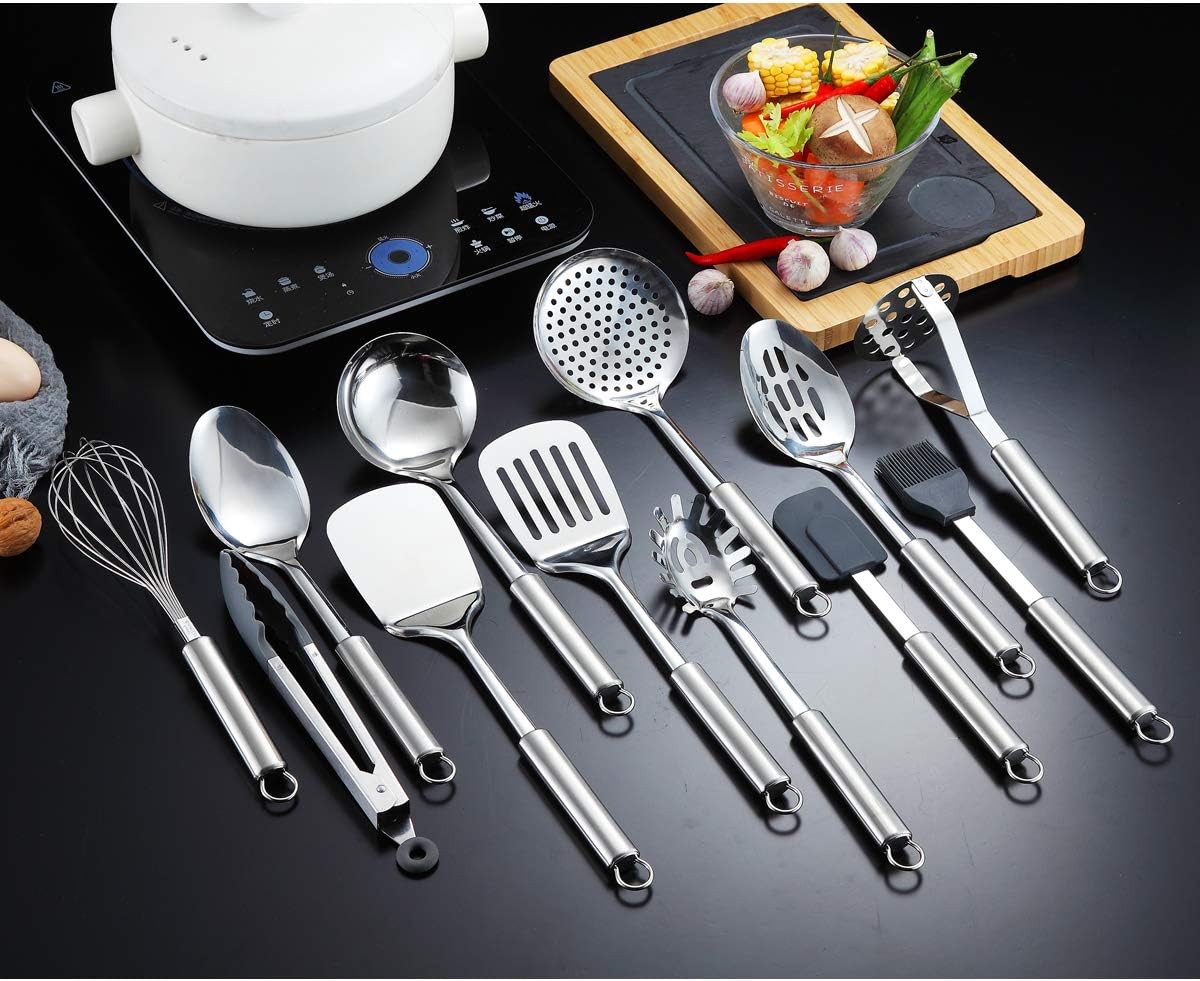 berglander stainless steel kitchen utensil 12 piece with 1 stand, cooking spoon, kitchen tools cooking utensil with holder. (13 pieces)