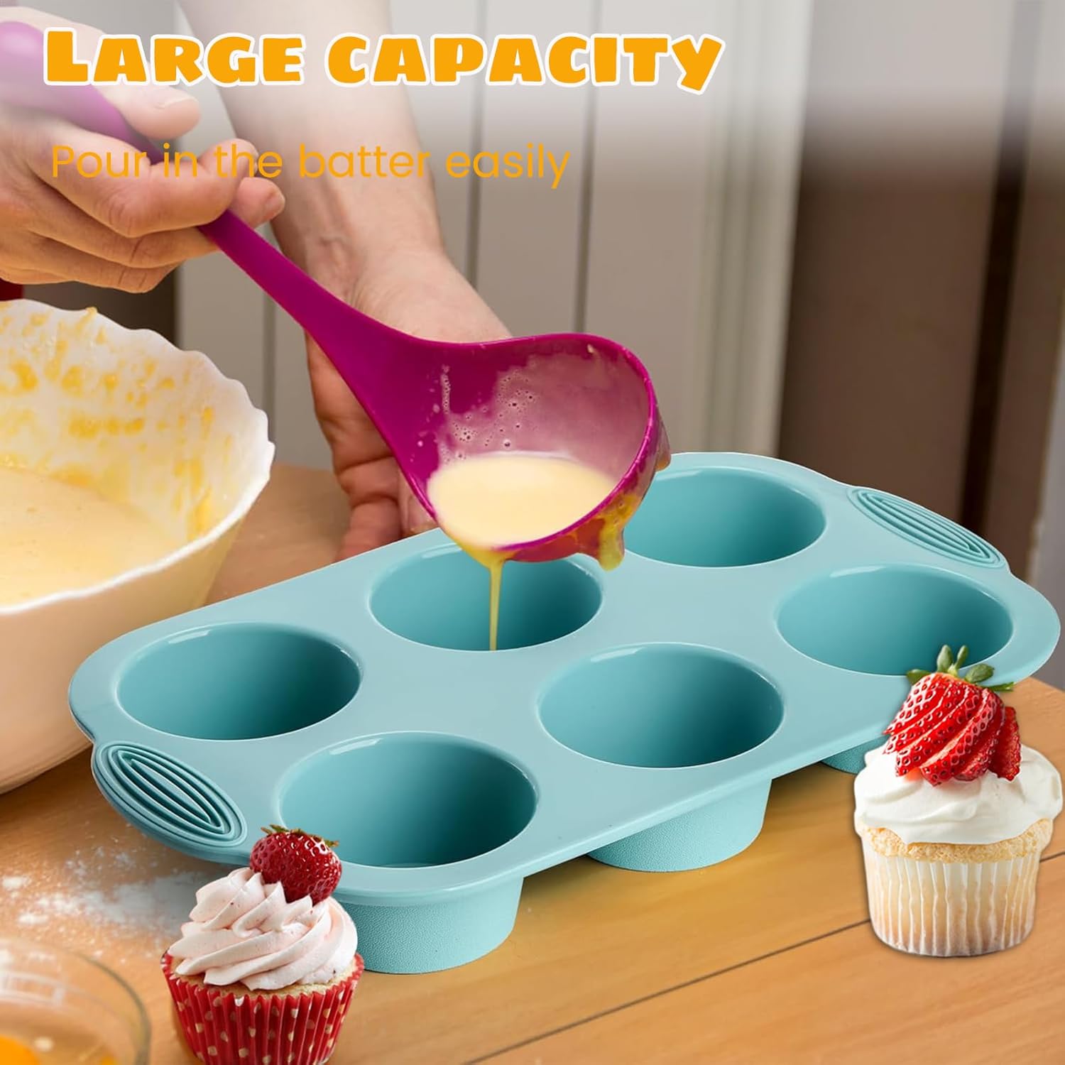 spnor silicone muffin pan, 6 cavity nonstick baking tray for muffins, cupcakes, brownies and more, food grade pack of 3 colors