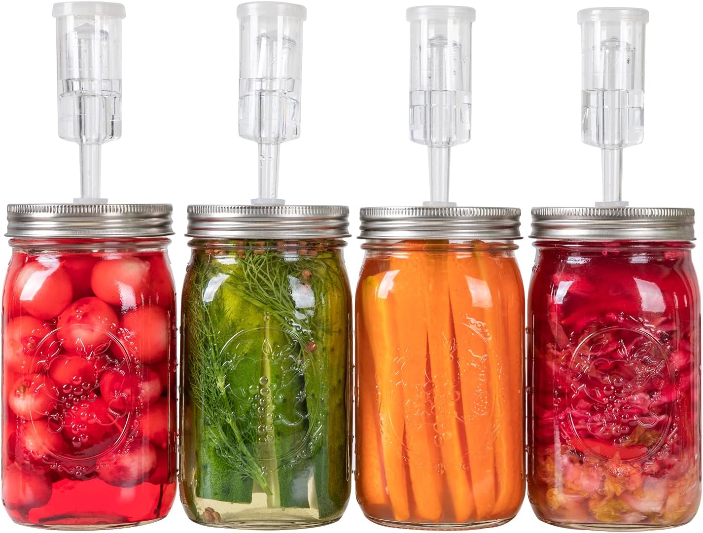 jillmo fermentation kit for wide mouth jars 4 airlocks, 4 silicone grommets, 4 stainless steel wide mouth mason jar fermenting lids with silicone rings (4 set, jars not included)