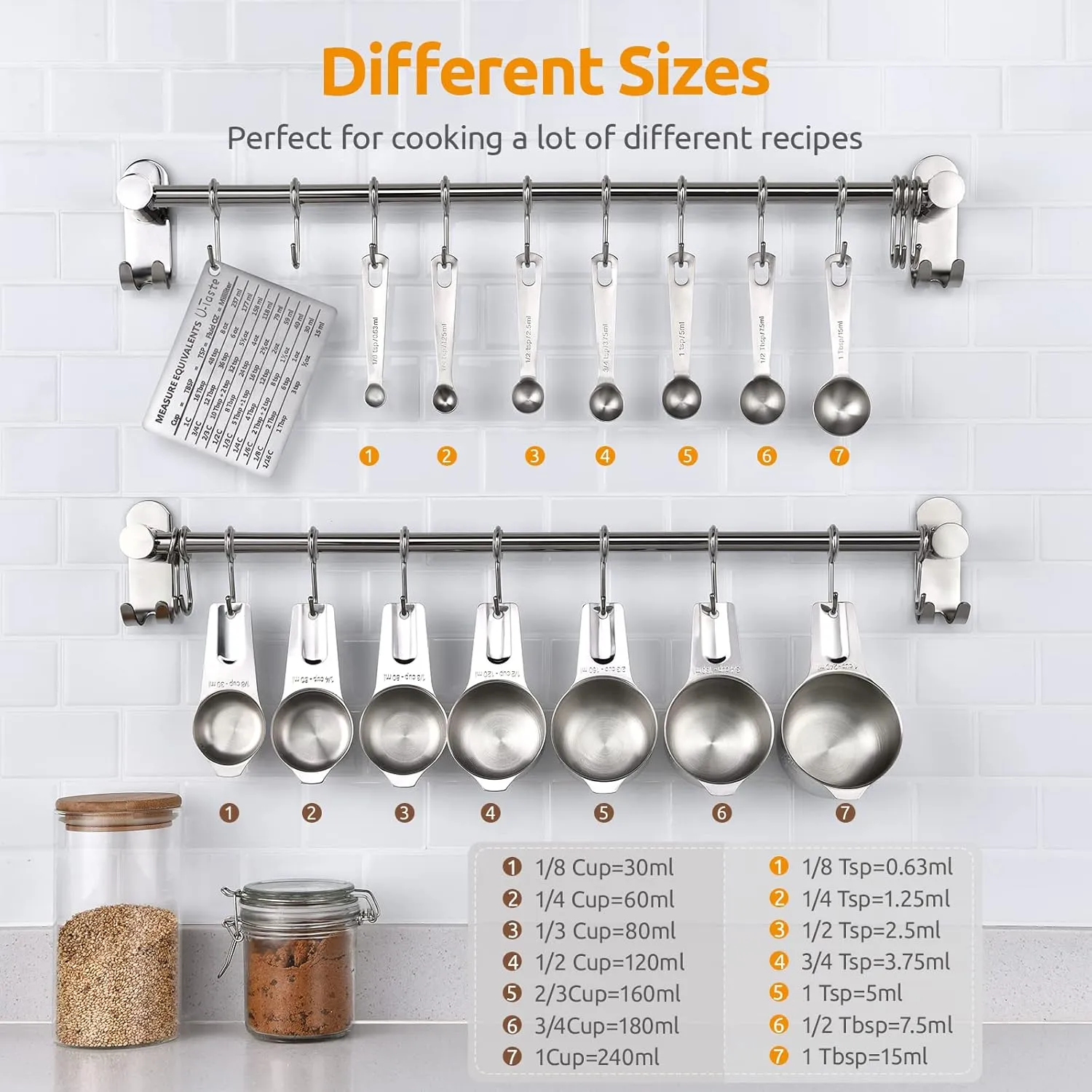 U-Taste Measuring Cups, Measuring Cups and Spoons Set of 15 in 18/8 Stainless Steel : 7 Measuring Cups and 7 Measuring Spoons with 2 D-Rings and 1 Professional Magnetic Measurement Conversion Chart