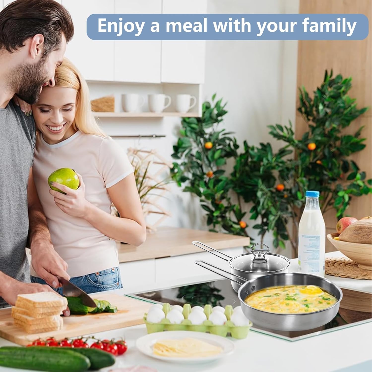 5 piece stainless steel cookware pots and pans set, nonstick cookware sets, induction cookware non stick cooking set w saucepans, food grade 304 stainless