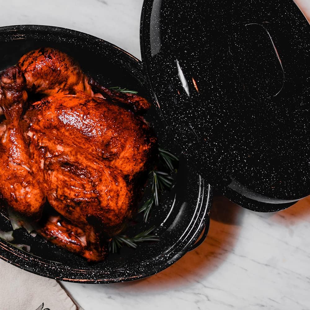 granite ware oval roaster 19 inch with lid (speckled black) enamelware roasting pan. home or on the grill. great grilling, boiling, baking or roasting. dishwasher safe.