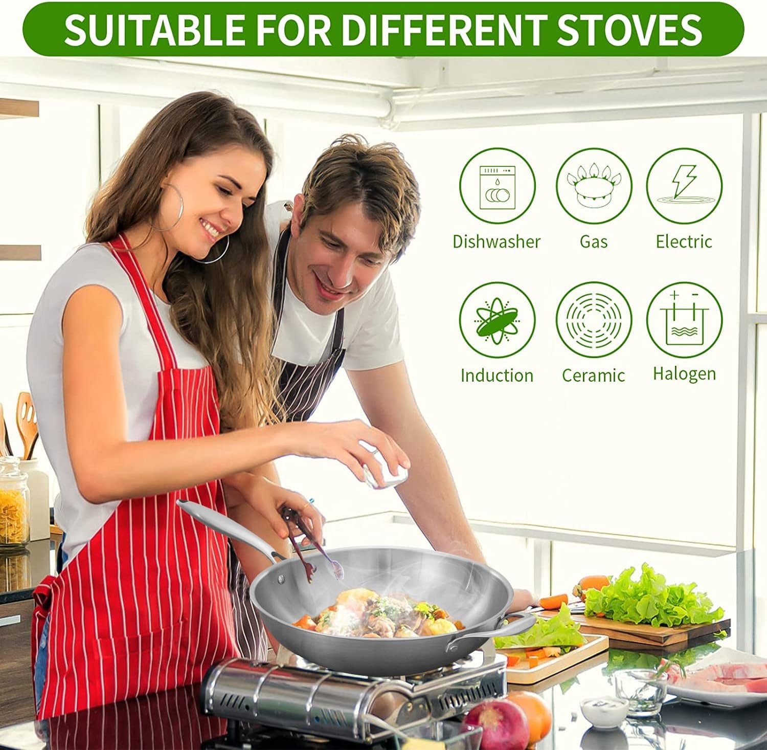 angju wok pan non stick stainless steel stir fry pans with domed lid & bamboo spatula scratch proof cookware for gas, induction or electric stove