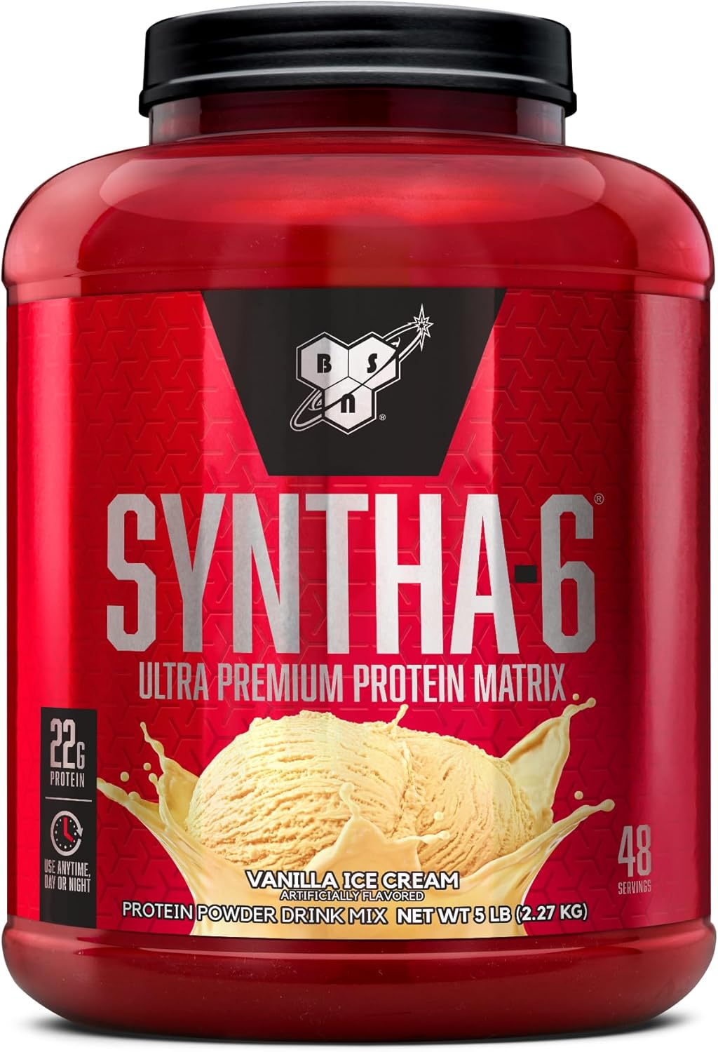 bsn syntha 6 ultra premium protein matrix, whey protein powder, micellar casein, milk protein isolate powder vanilla ice cream, 5 lbs, 48 servings (2.27 kg)