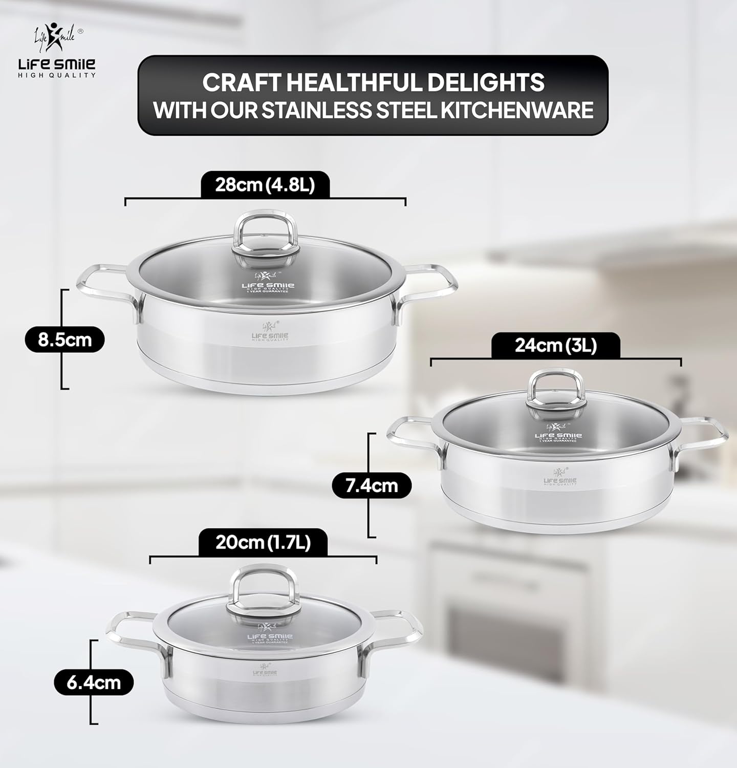 life smile shallow pot set with lid 18/10 pure stainless steel set 20/24/28 cm induction base thick double handle fry pan set non toxic, 100% pfoa, ptfe & pfos free silver handle oven safe