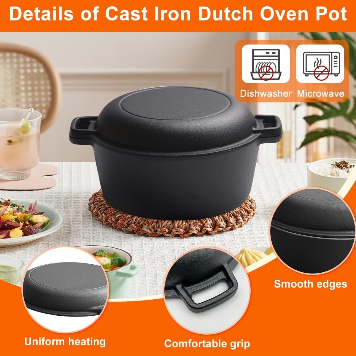 cast iron dutch oven with lid, pre seasoned 2 in 1 combo cooker dual purpose non stick pot skillet frying pan, pot & pan set casserole with handle cover for camping kitchen griddle cookware, 26cm 4.7l