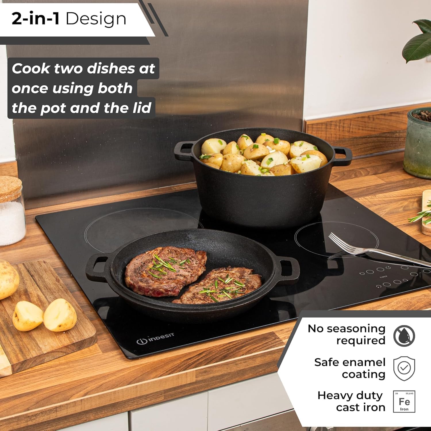 pre seasoned cast iron dutch oven casserole pot cast iron skillet lid – 2 in 1 cooking cookware pan set – dutch oven pot with lid – black, 5 quarts, 26cm