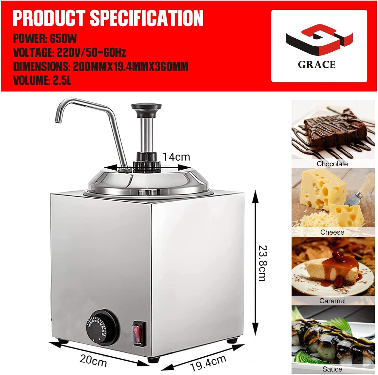 grace commercial electric cheese warmer dispenser, stainless steel pump chocolate heated pump and 30 110℃ temp adjustable 2.5 liters can for chocolate caramel cheese butter (gr spw 01 square)