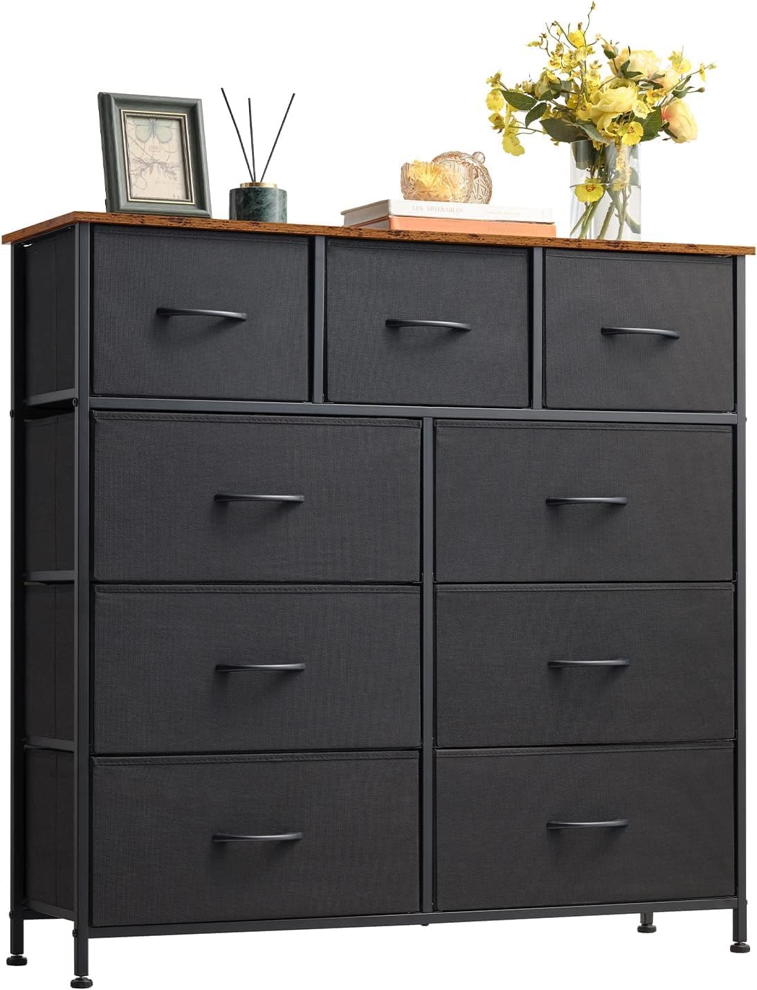 sky touch storage cabinet : bedroom dresser with 9 drawers wide storage chest with removable fabric bins storage organizer unit for living room entryway hallway nursery kids room (100*30*96cm black)