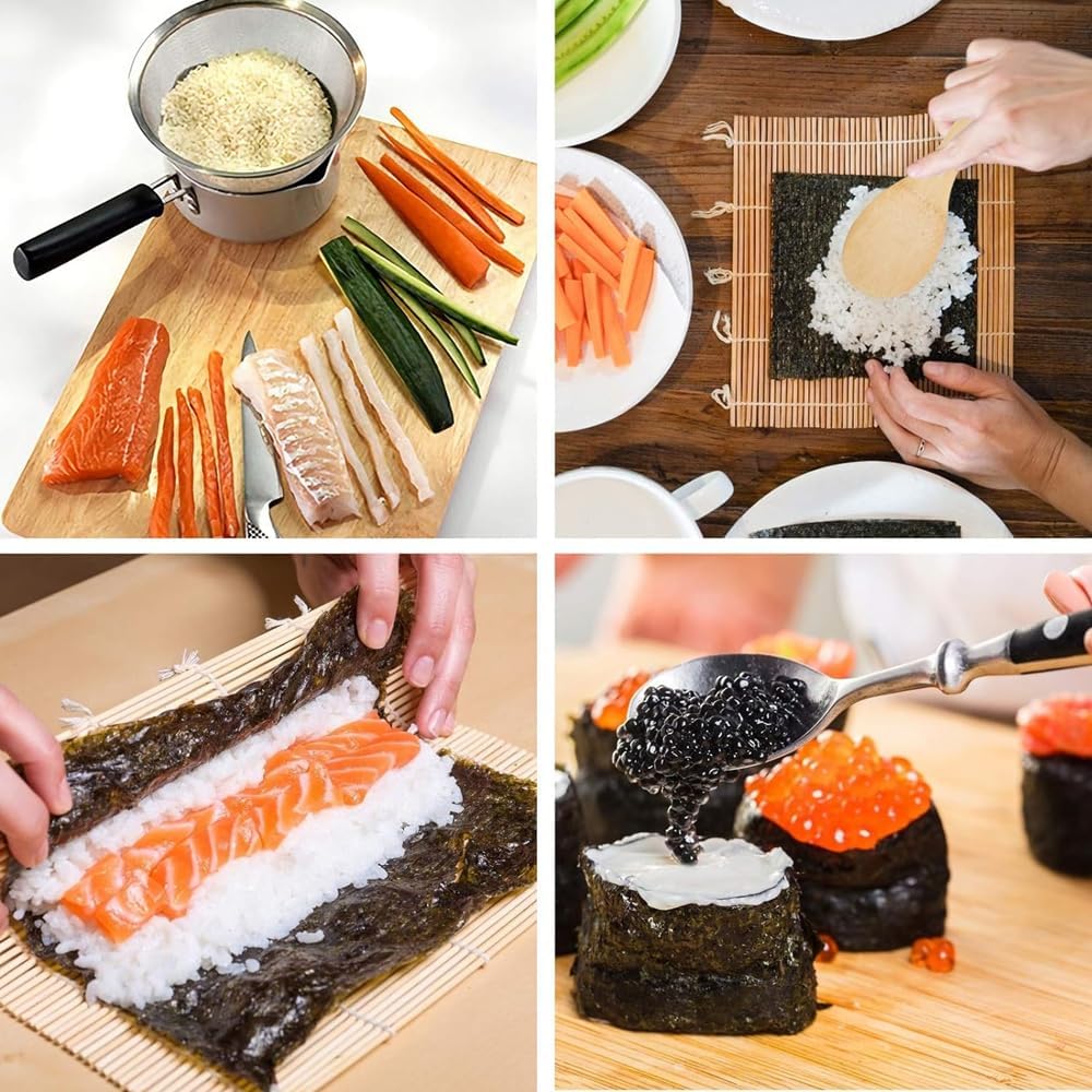 amerteer sushi making kit, bamboo sushi maker kit 9 pcs sushi rolling kit includes 2 sushi curtain, 1 spoon, 1 sushi blade, 5 pairs of chopsticks, easy to use sushi making kit for beginners