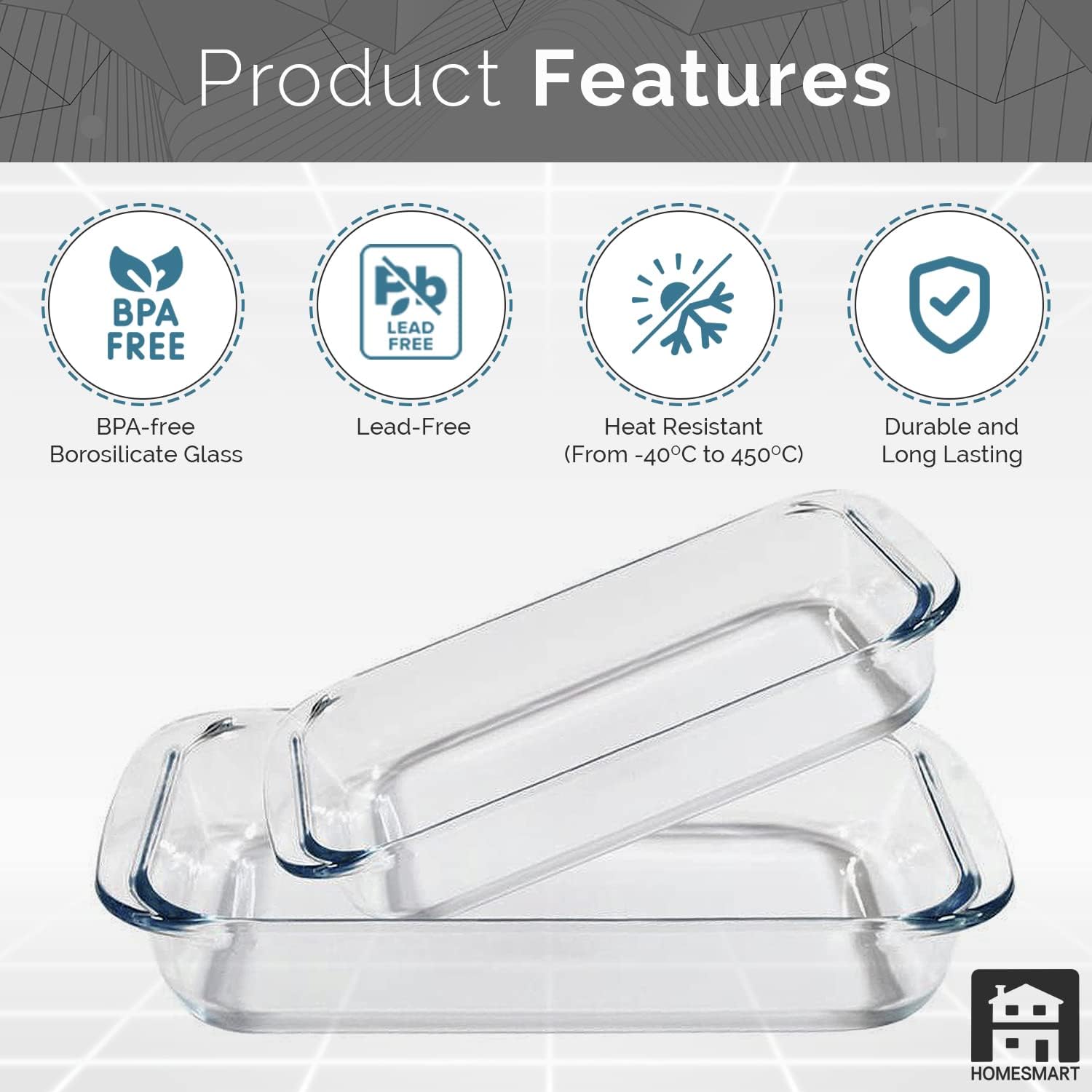 home smart 2pc bakeware glass casserole baking dish 1lt and 2.2lt | borosilicate glass rectangle roaster for multi purpose | premium baking dish