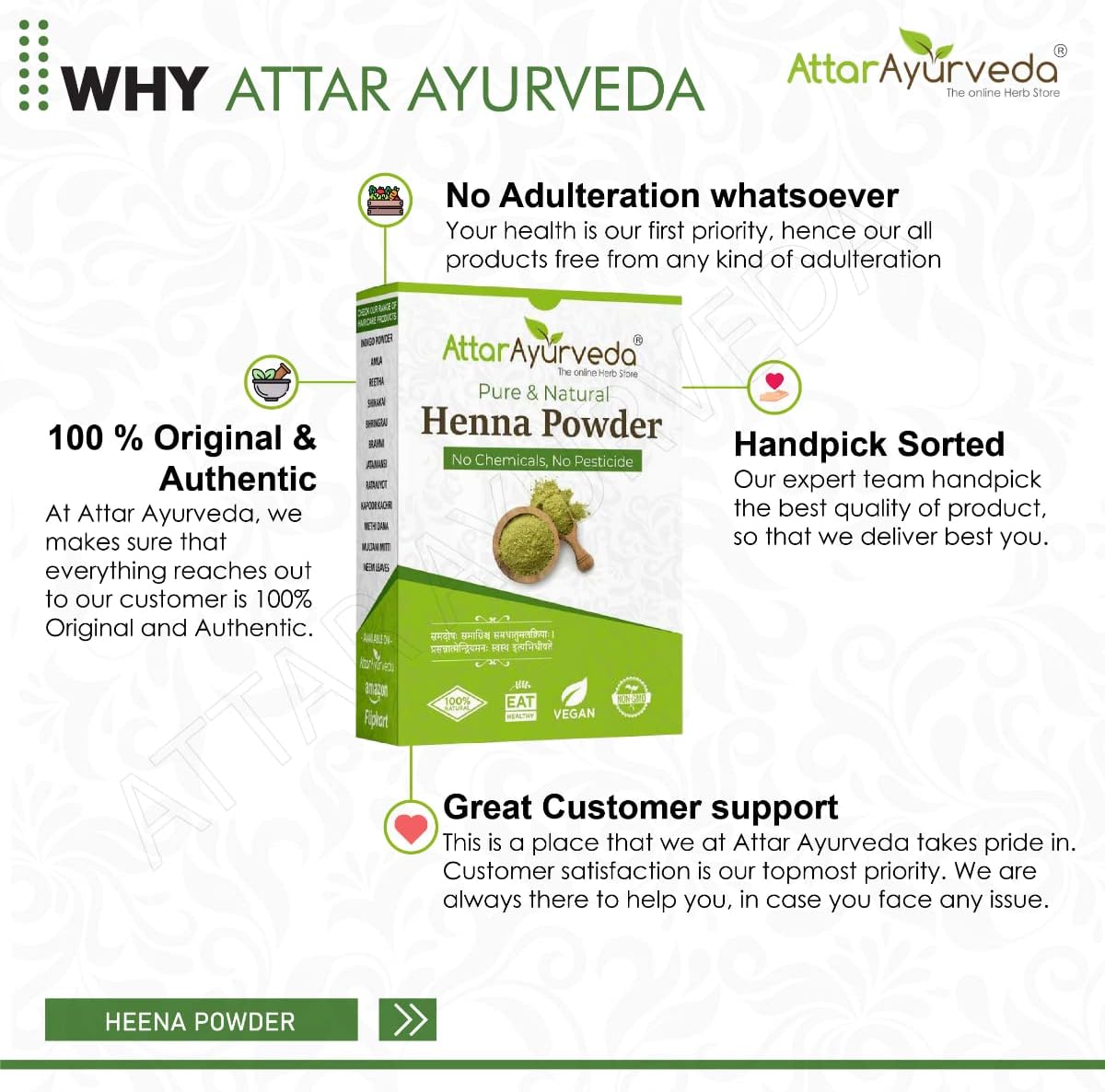 attar ayurveda natural henna powder for hair color and growth, reduce hair fall 100% natural no added preservative no chemical dye added 7 ounce