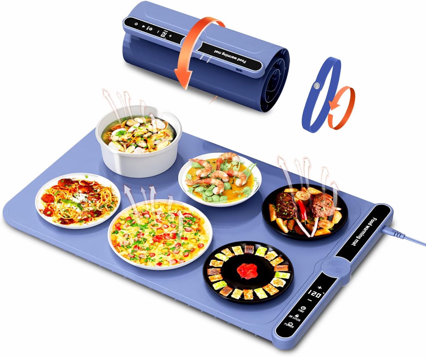 electric warming tray with adjustable temperature, silicone food warmer hot plate full surface heating, rollable fast heating tray food warming mat with 6 timer control for home parties buffet family