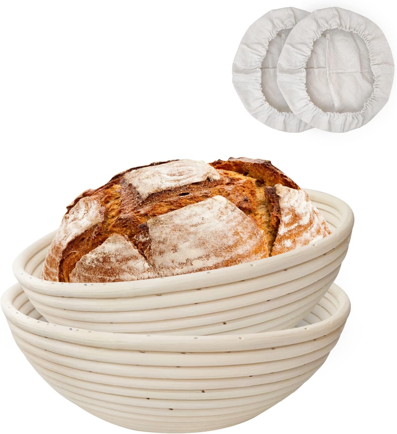 yeeson 2 pack 10 inch banneton proofing basket set, sourdough bread proofing basket baking dough bowl with cloth liner for home bakers (round)
