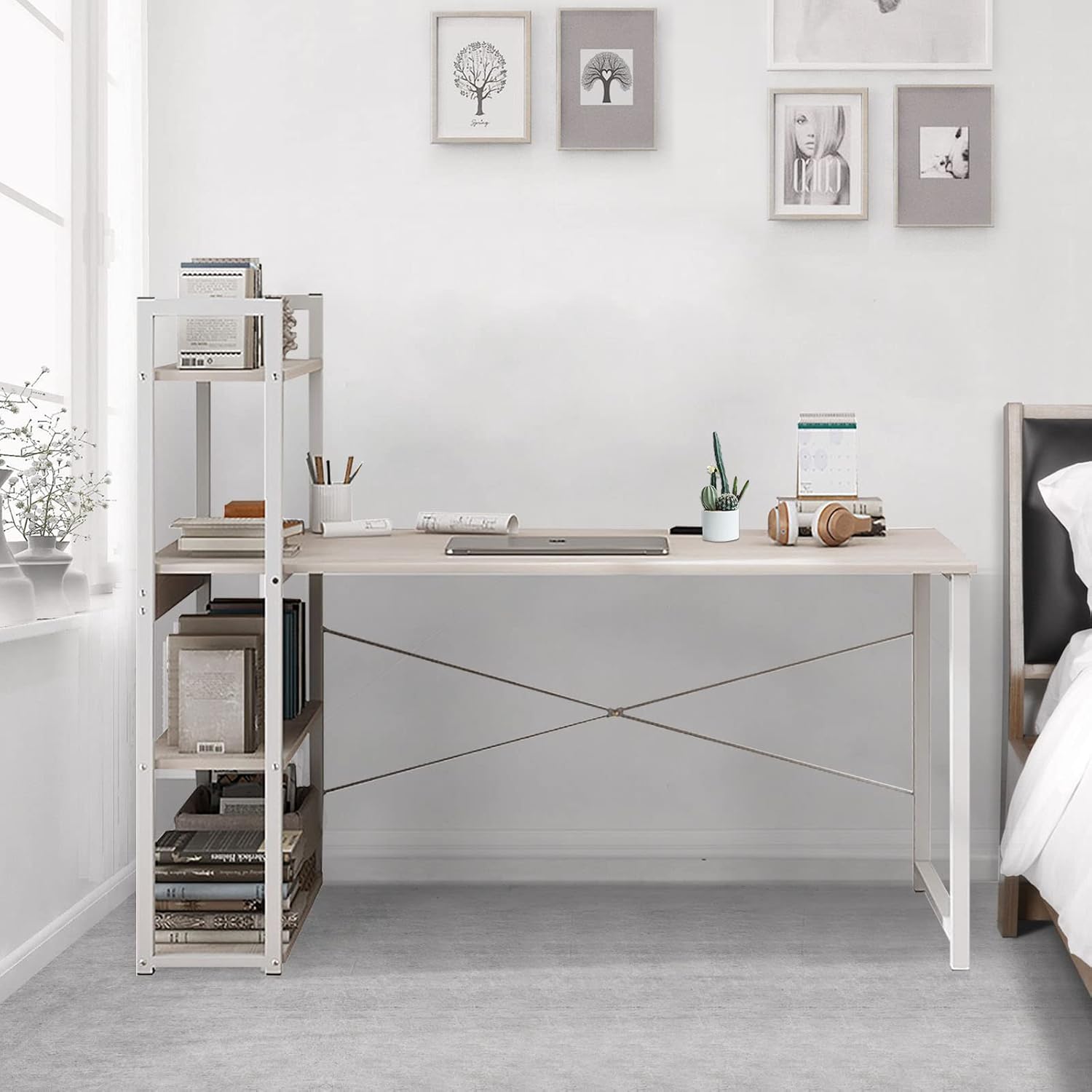 sky touch computer desk table with shelves 120x48cm, 4 tier study table with bookshelf desk storage reversible study table office corner desk with shelves home office desk easy assemble