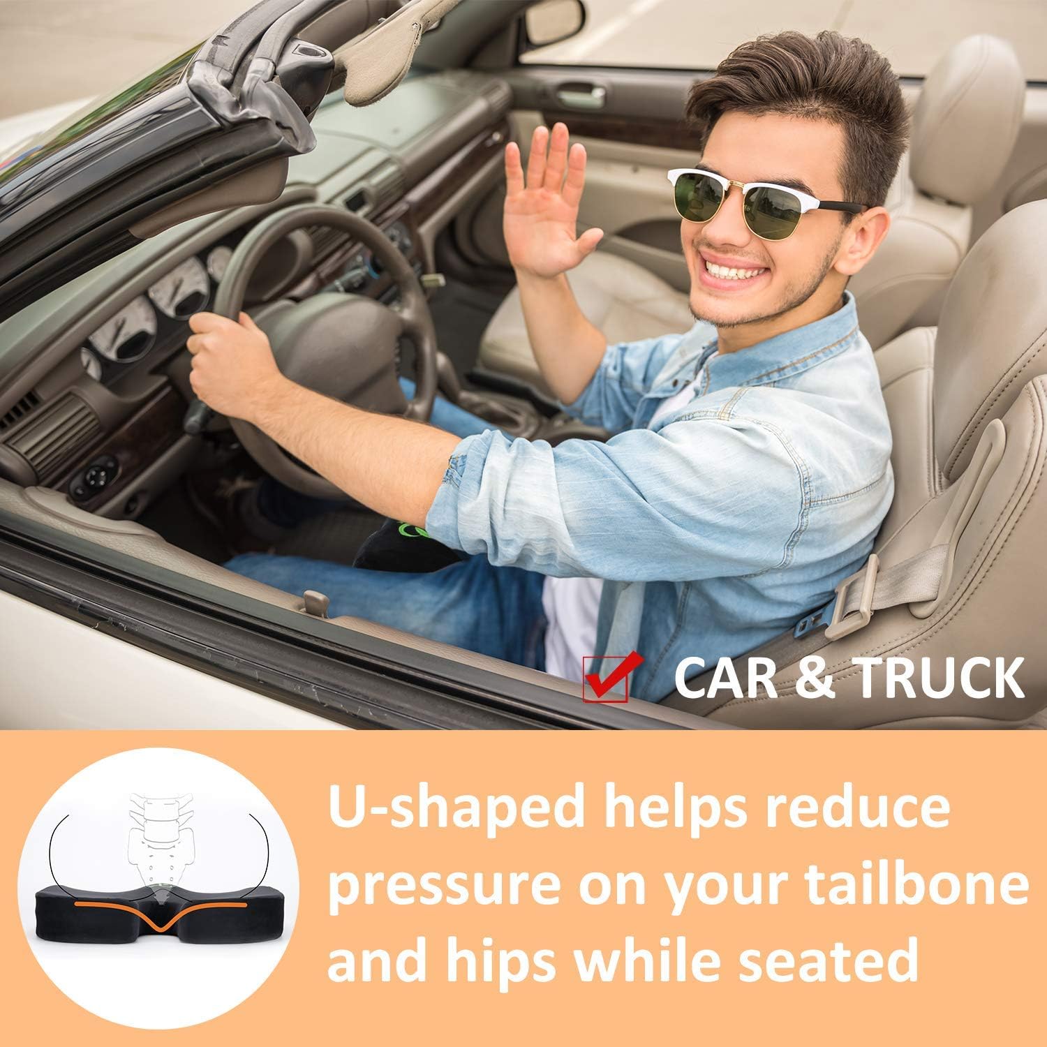 littlesun premium comfort seat cushion – non slip orthopedic 100% memory foam coccyx cushion for tailbone pain – cushion for office chair car seat – back pain & sciatica relief (seat cushion)