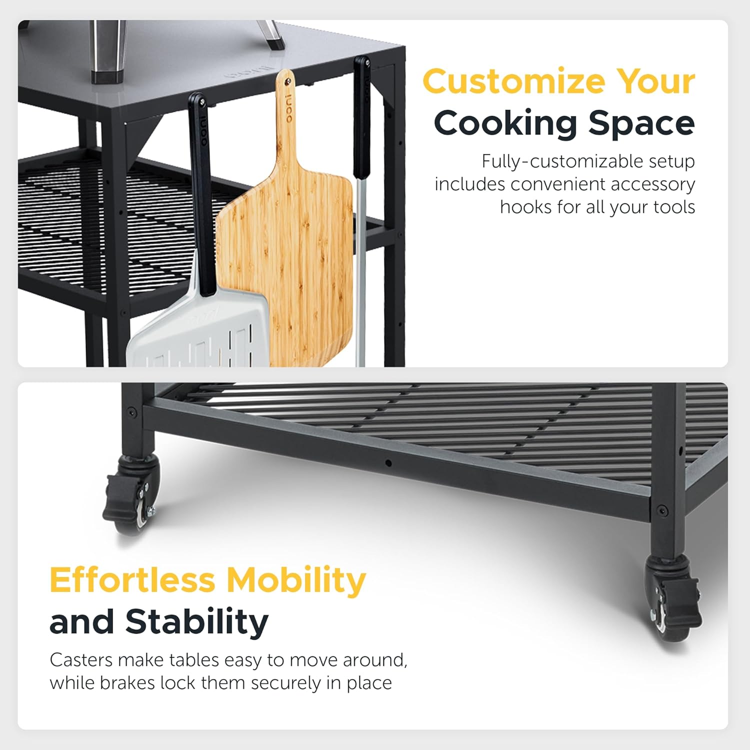 ooni stainless steel kitchen trolley with wheels – versatile side table for pizza oven, griddle, & bbq with adjustable shelves and lockable wheels