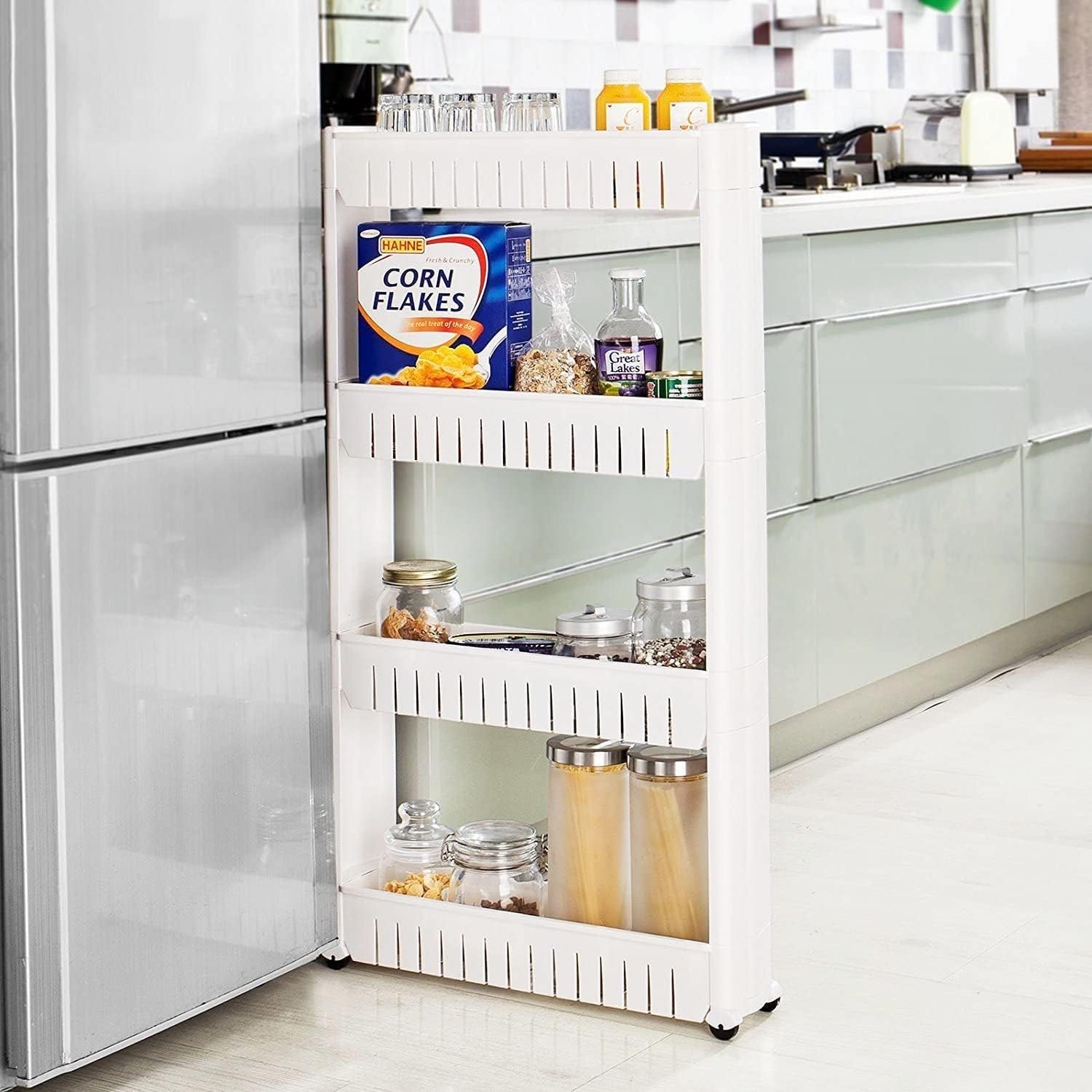 sky touch 4 tier kitchen plastic storage shelf slim, mobile narrow rolling cart with wheels, storage cart for kitchen bathroom laundry office narrow places