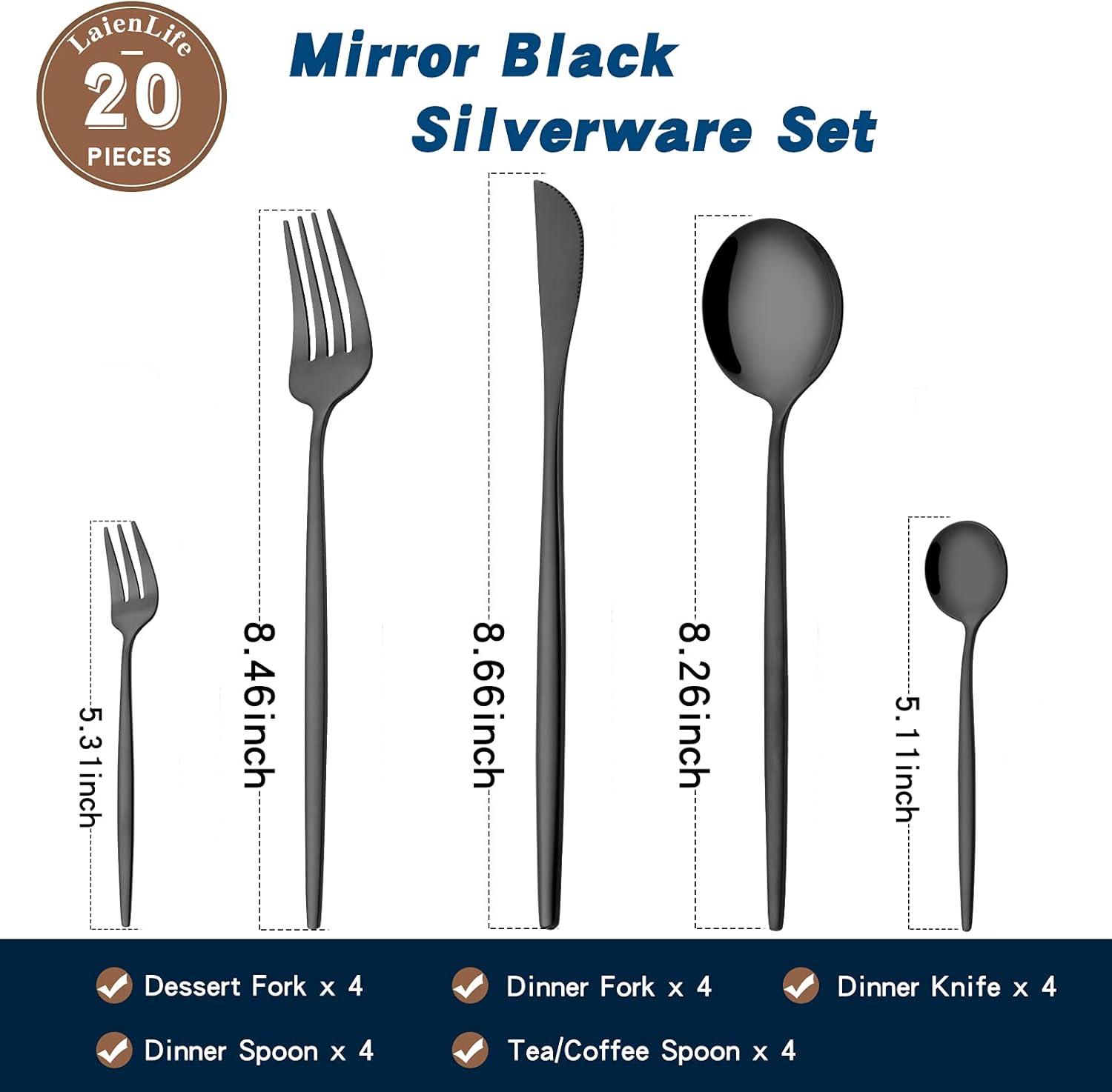 laienlife black silverware set 20 piece, stainless steel flatware set service for 4, unique utensils with fork and spoon teaspoon, mirror black cutlery set, silverware for home party kitchen