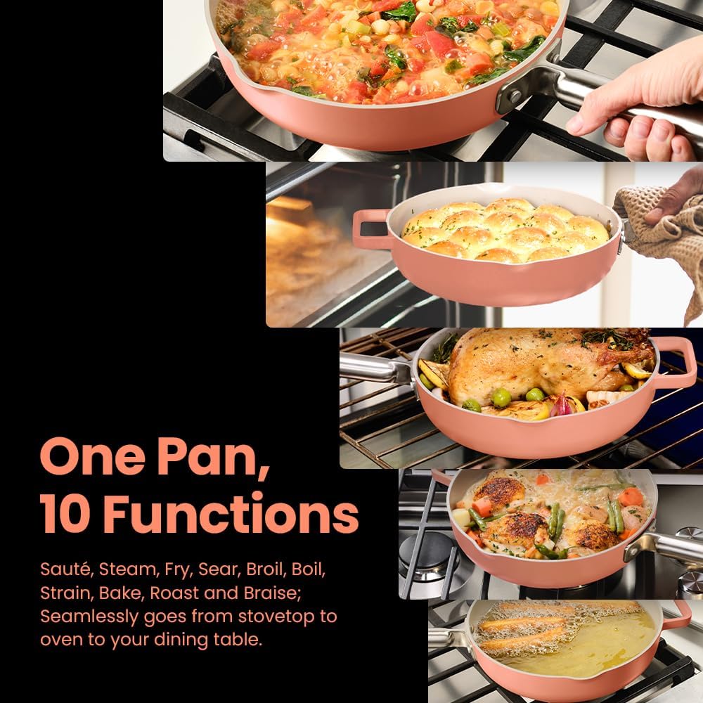 nutricook 1 pan 26cm,cast aluminum,w/self basting lid,steamer basket,silicone spatula,ceramic nonstick coating,oven safe,induction safe,designed in california,nc op126cs,canyon sunset,2 year warranty