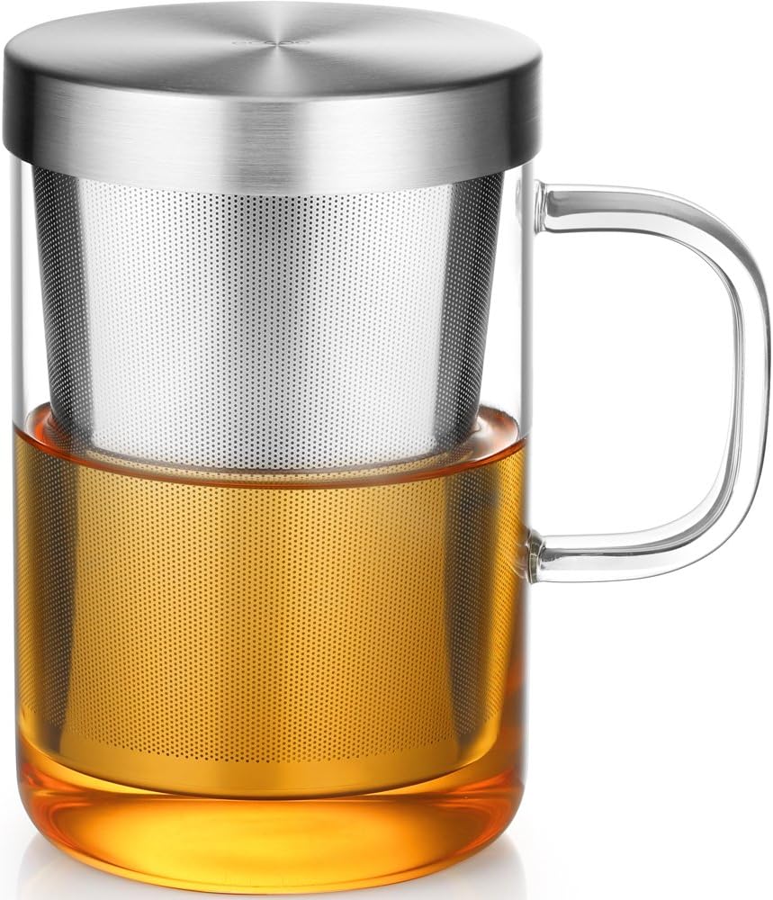 ecooe borosilicate glass tea cup tea glasses with stainless steel infuser & lid, 500ml / 16.9 oz (full capacity) loose leaf glass tea cup teacup