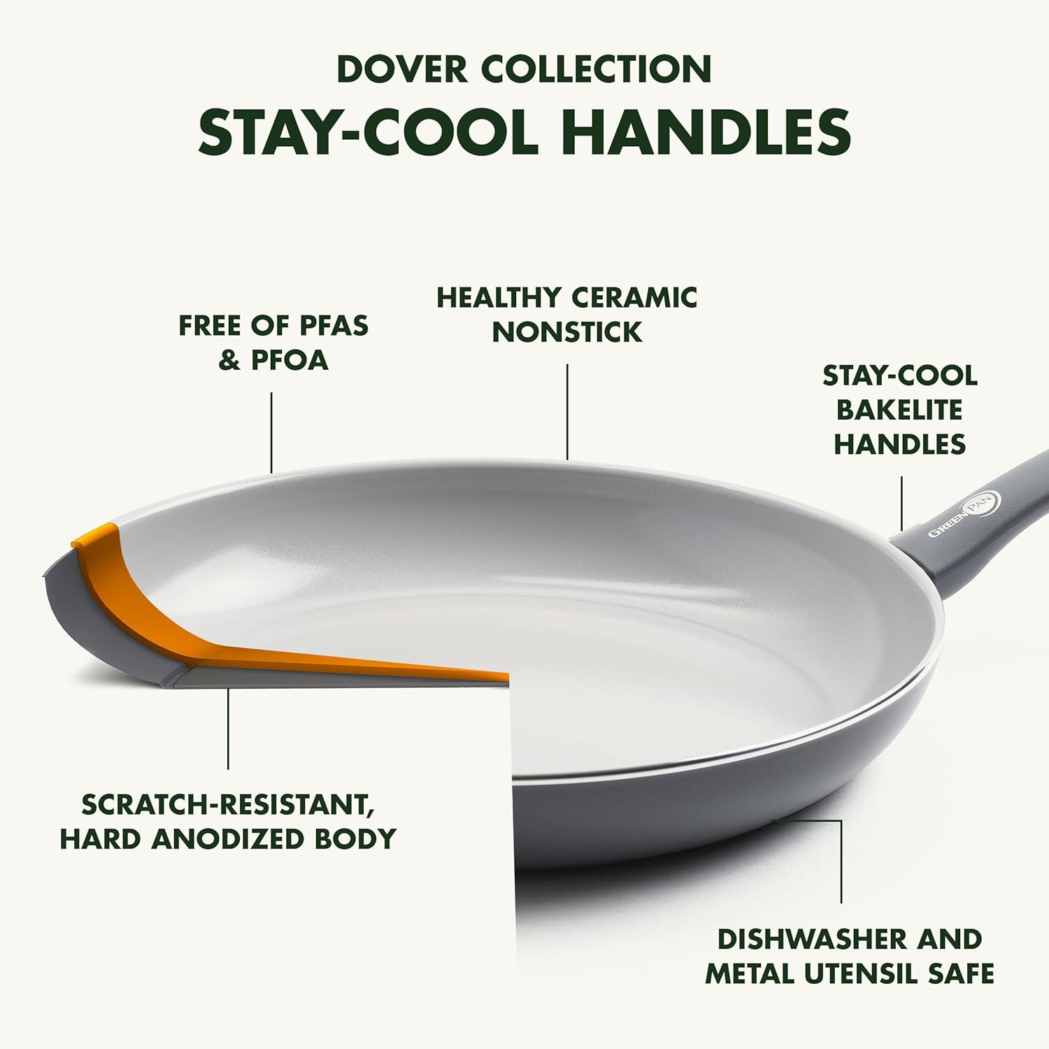 greenpan dover healthy ceramic nonstick, 8" frying pan skillet, pfas free, dishwasher safe, comfort grip handle, grey