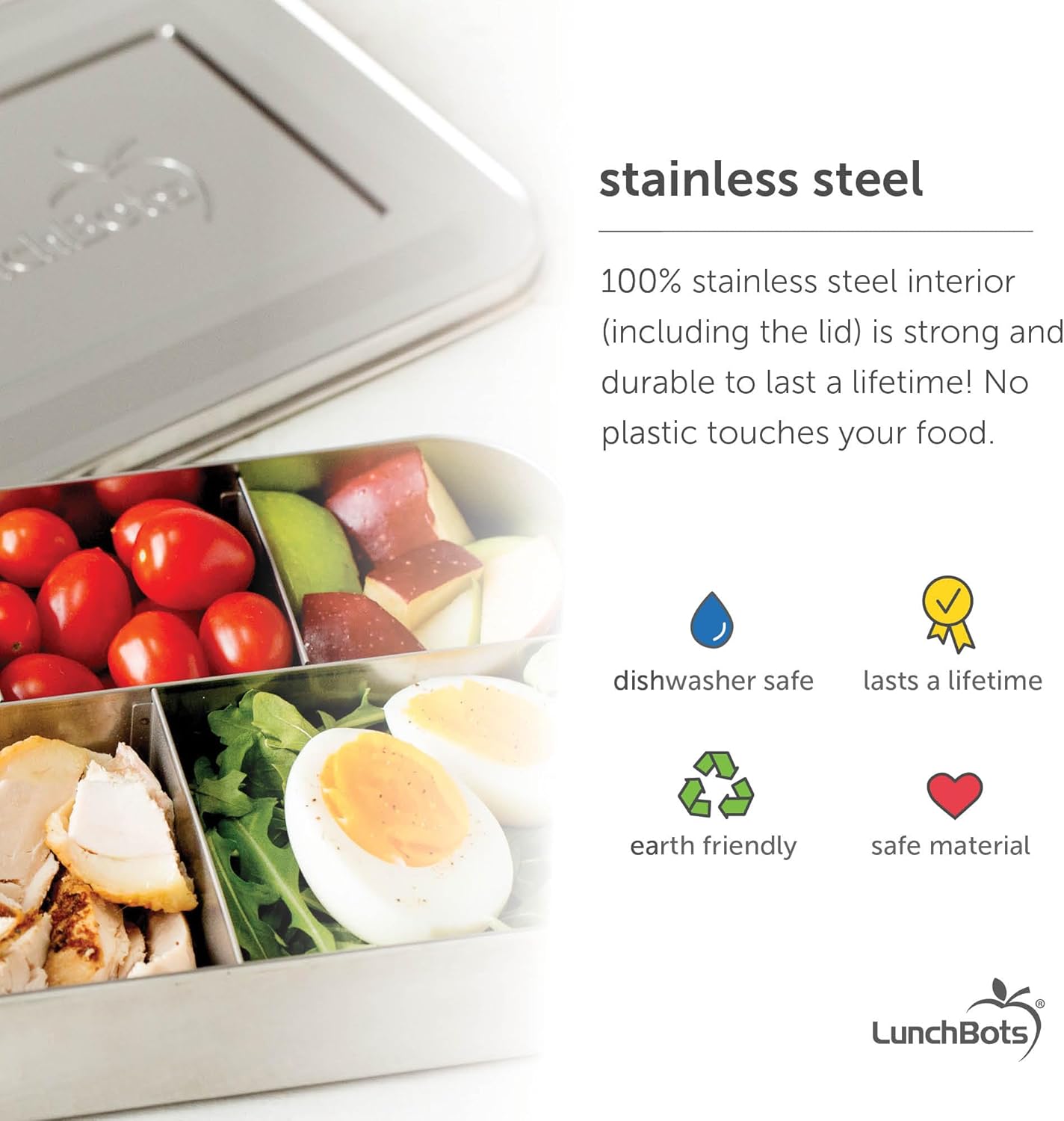 lunchbots large trio stainless steel lunch container three section design for sandwich and two sides metal bento lunch box eco friendly stainless lid blue dots