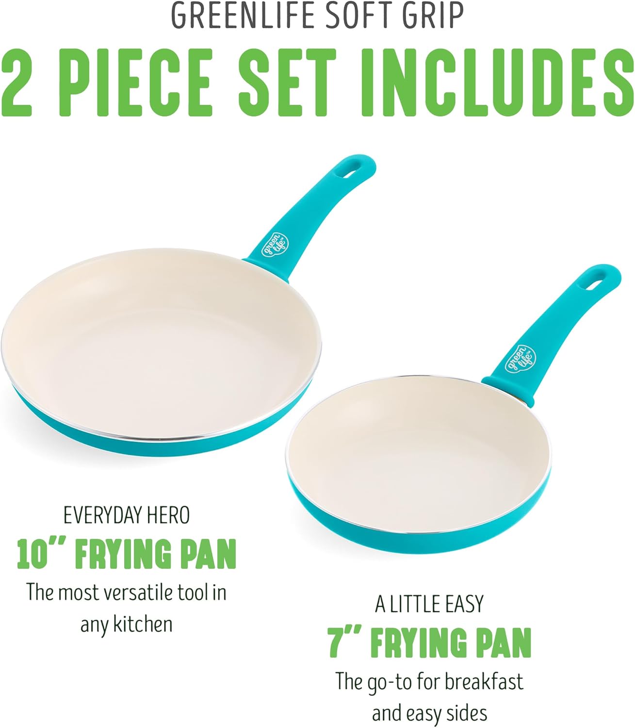 greenlife soft grip healthy ceramic nonstick, frying pan set, 7" and 10", bright blue