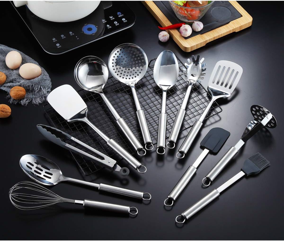 berglander stainless steel kitchen utensil 12 piece with 1 stand, cooking spoon, kitchen tools cooking utensil with holder. (13 pieces)