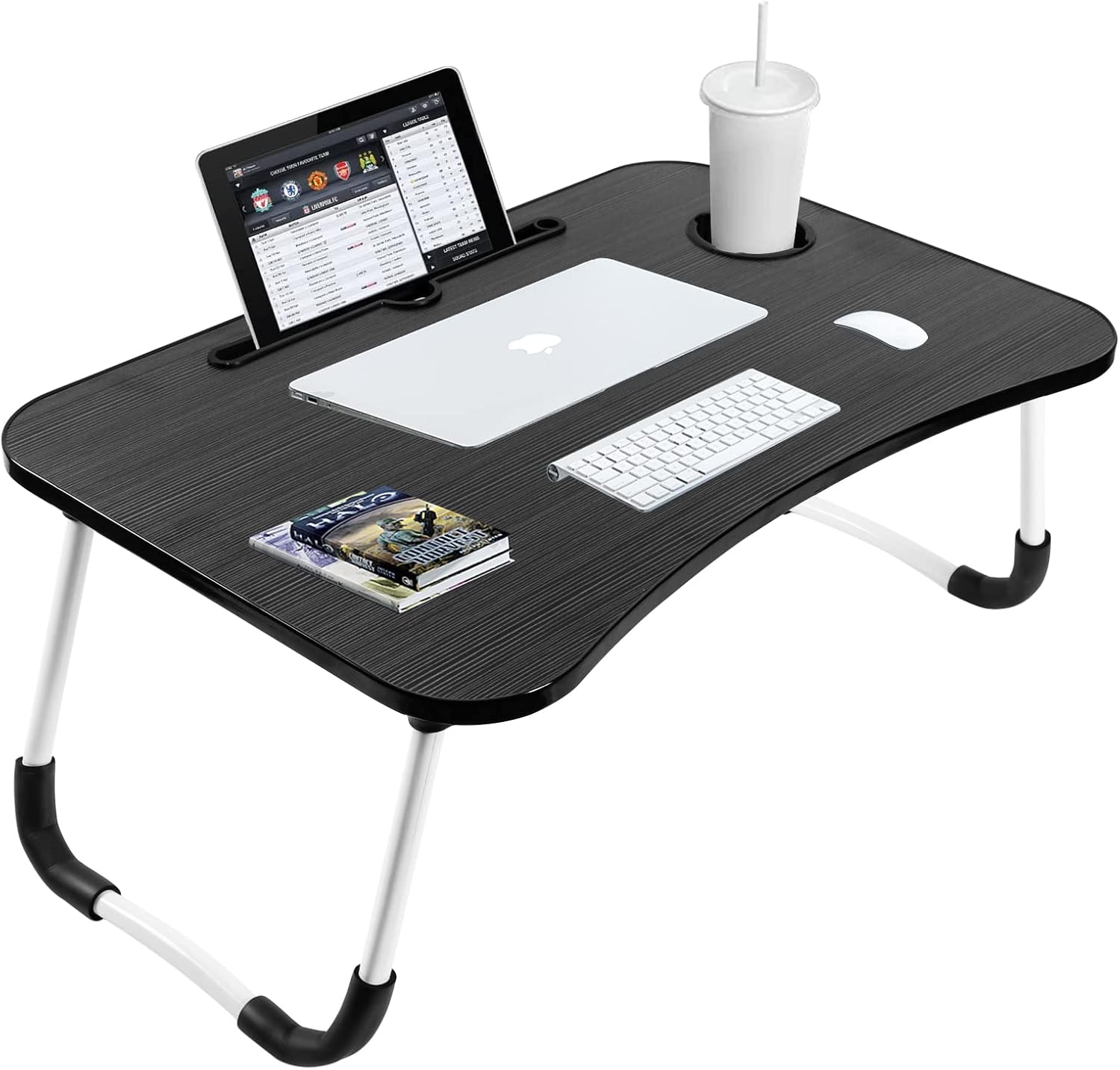 sky touch portable folding laptop desk for bed，with ipad and cup holder adjustable lap tray notebook stand， foldable non slip legs reading table tray for working，studying，camping 60x40x28cm black