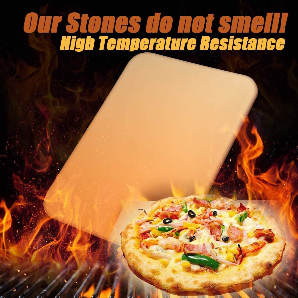 premify pizza stone set for oven and grill, large 15 x 12 inches square ceramic pizza grilling stone oven baking stone with serving rack