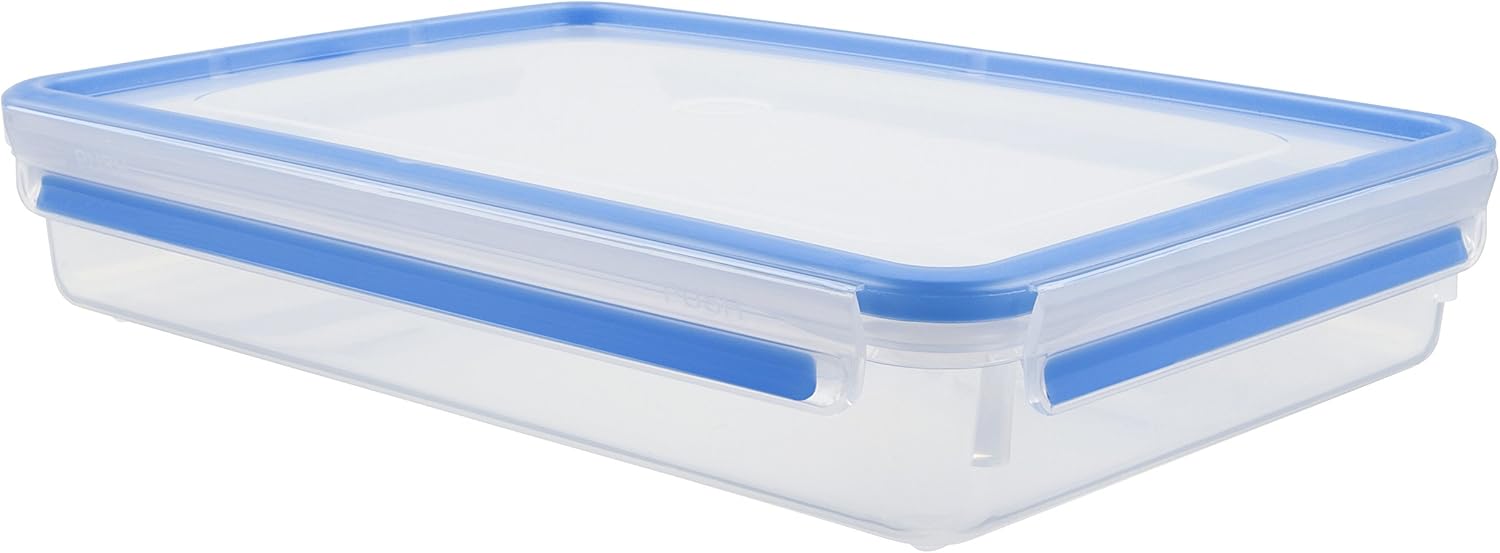 emsa 508545 clip & close rectangular food storage container 2.6 litres, transparent/blue