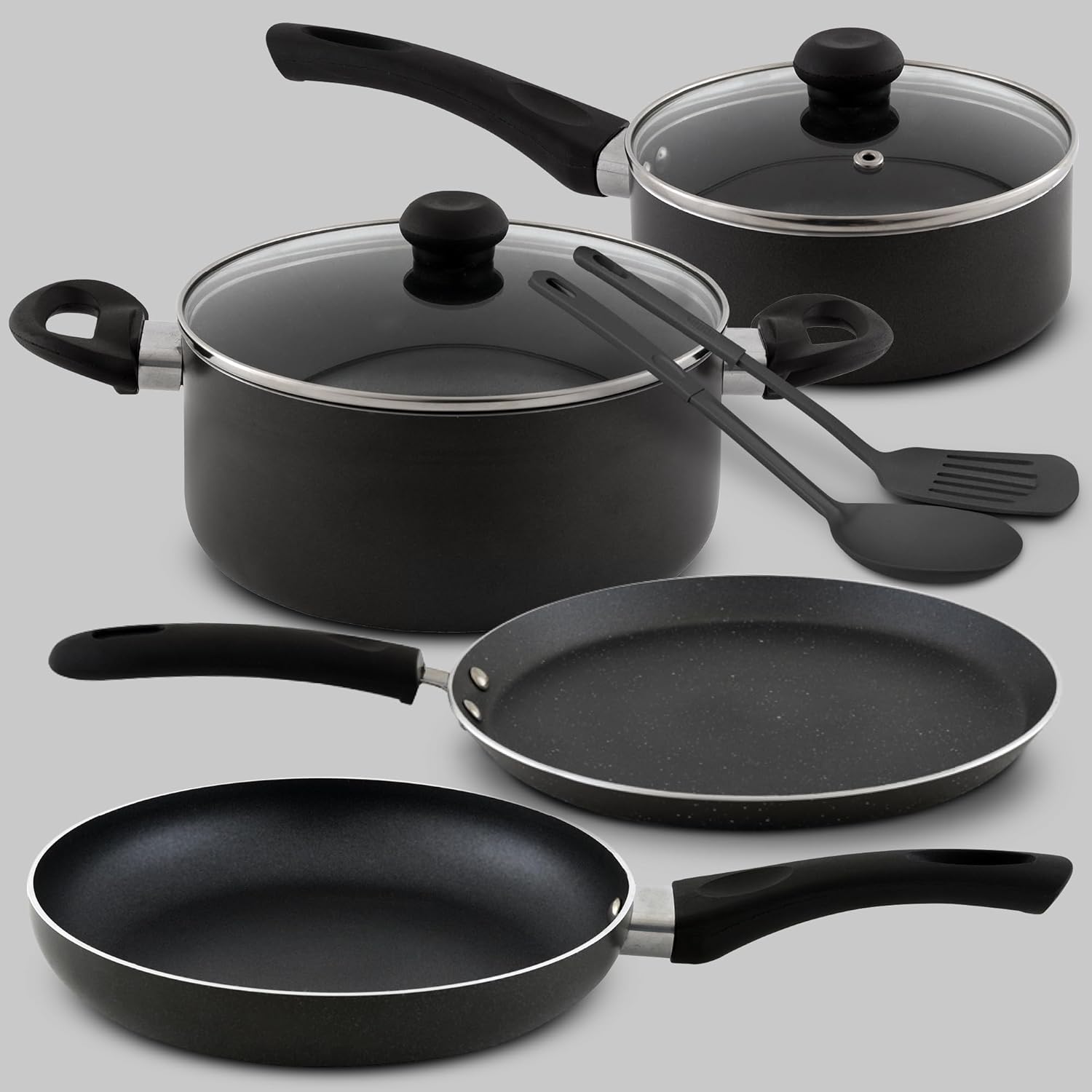 delici 8pcs nonstick cookware set with10x toughercoating, hot plate, halogen,ceramic&gascompatible – includes 24cm saucepan with glass lid, 24cm frypan, 26cm tawa pan, 18cm milk pan and 2 nylonturners