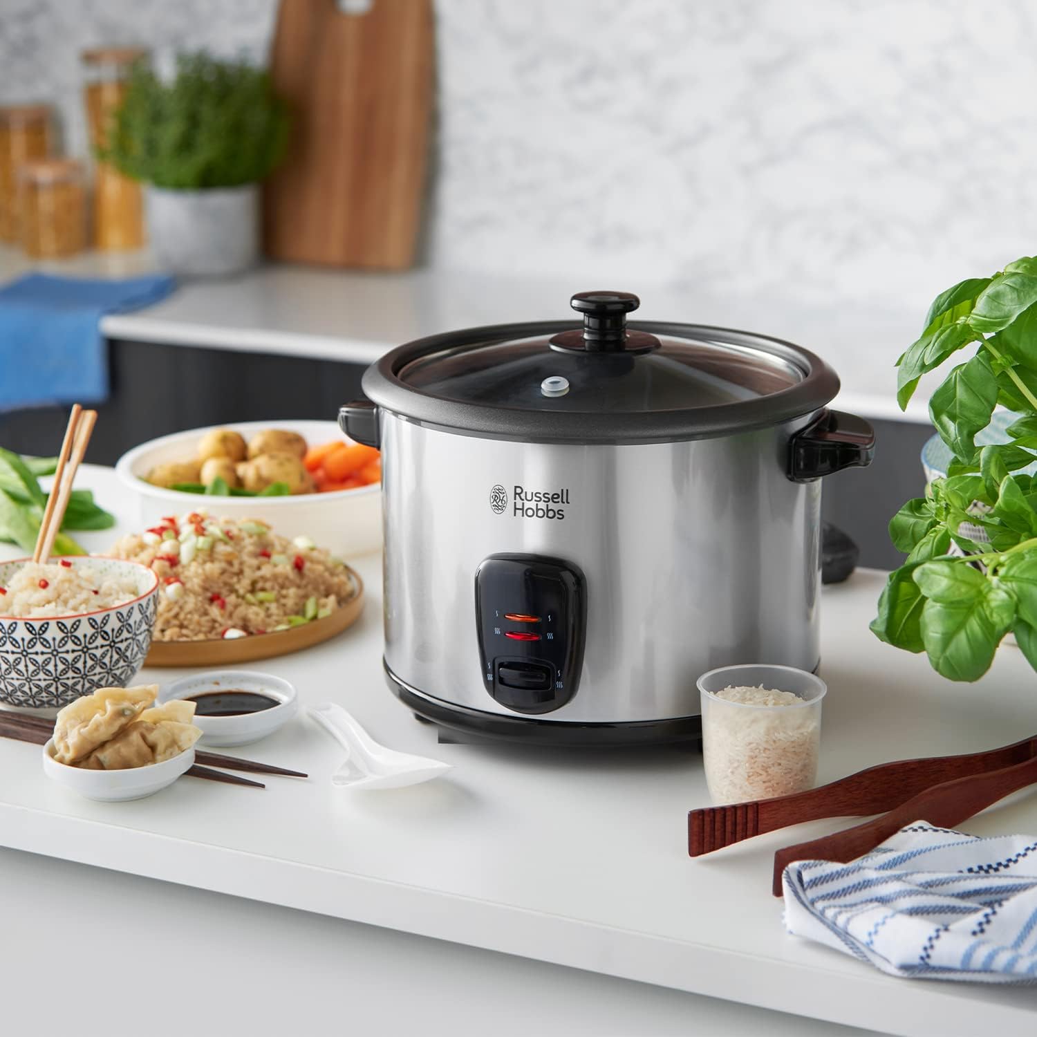 russell hobbs (19750) rice cooker 700w, 1.8l, 10 cups capacity, keep warm, steaming tray, stainless steel, 1 year warranty