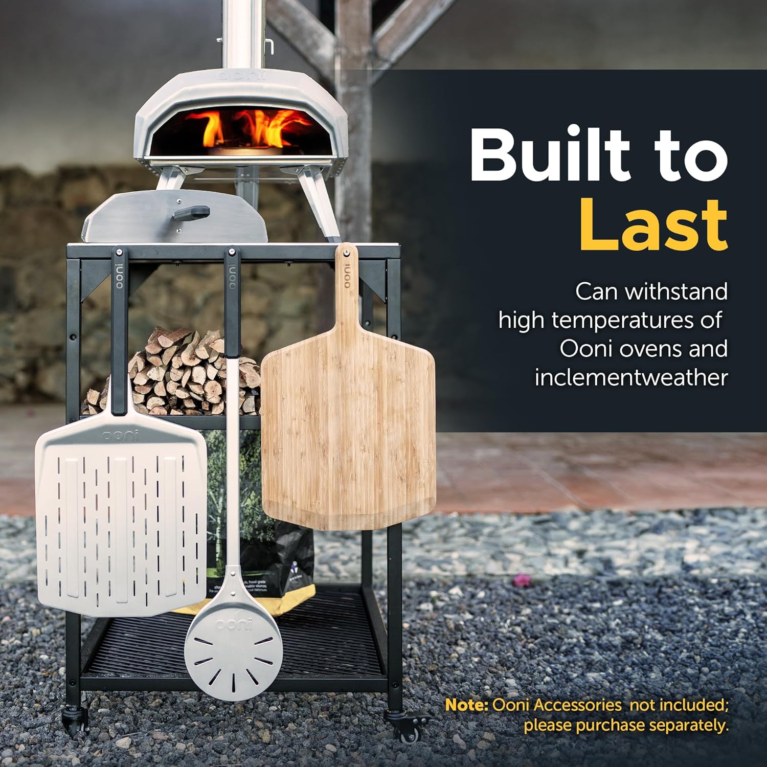 ooni stainless steel kitchen trolley with wheels – versatile side table for pizza oven, griddle, & bbq with adjustable shelves and lockable wheels