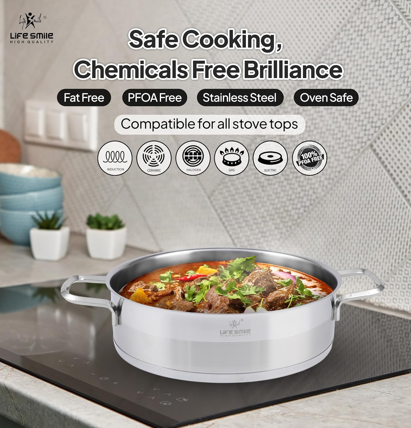 life smile shallow pot set with lid 18/10 pure stainless steel set 20/24/28 cm induction base thick double handle fry pan set non toxic, 100% pfoa, ptfe & pfos free silver handle oven safe