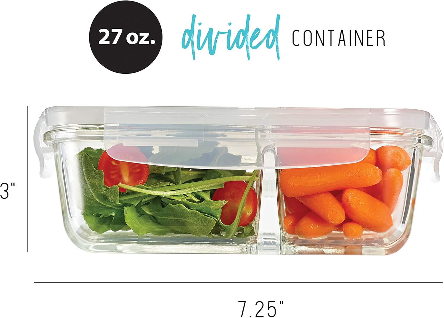 fit & fresh divided glass containers, two compartments, containers with locking lids, glass storage, meal prep containers with airtight seal 3 pack 870gff