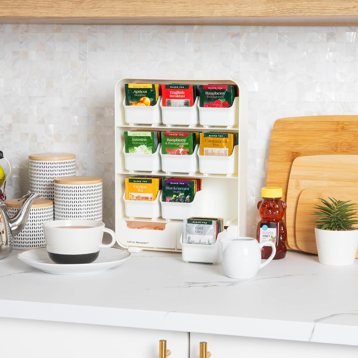 mind reader "baggy" tea bag holder and condiment organizer, white 4.33" l x 10.24" w x 13.11" h tborg wht.