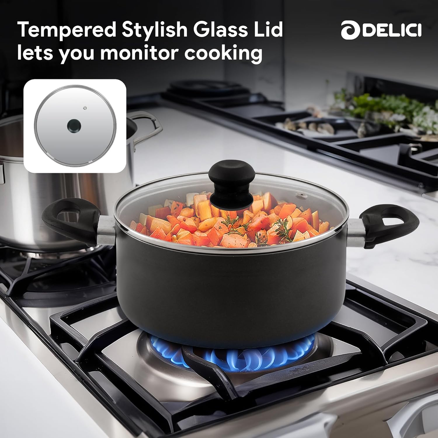 delici 8pcs nonstick cookware set with10x toughercoating, hot plate, halogen,ceramic&gascompatible – includes 24cm saucepan with glass lid, 24cm frypan, 26cm tawa pan, 18cm milk pan and 2 nylonturners